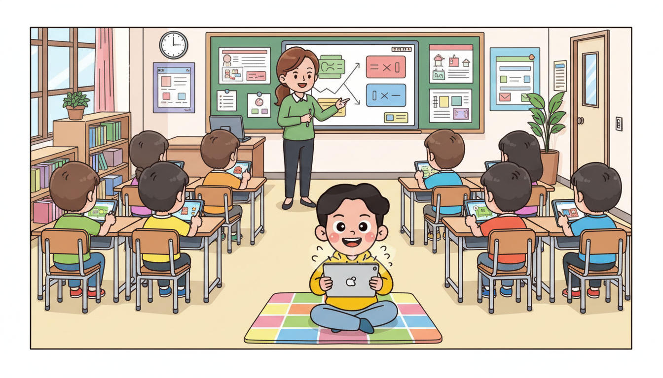 이미지 참고해서 아래 스크립트와 어울리는 이미지 만들어줘. 풍선이나 글은 넣지말고 상황만 이미지로 줘. 그림체는 내가 준 것과 동일하게 . 노란색 후드티가 지훈이고. 선생님이 여자. 
교실 전체와 지훈이 앉아있는 부분. 아이들과 수업하고 있는 모습. 다른 아이들은 열심히 태블릿으로 과제를 하는데 지훈이만 혼자 다른 거 클릭을 열심히 함.
지훈: (마음속 작은 말로) 와. 이거 너무 재미있네. 어제 봤던 거보다 더 재미있는 걸.