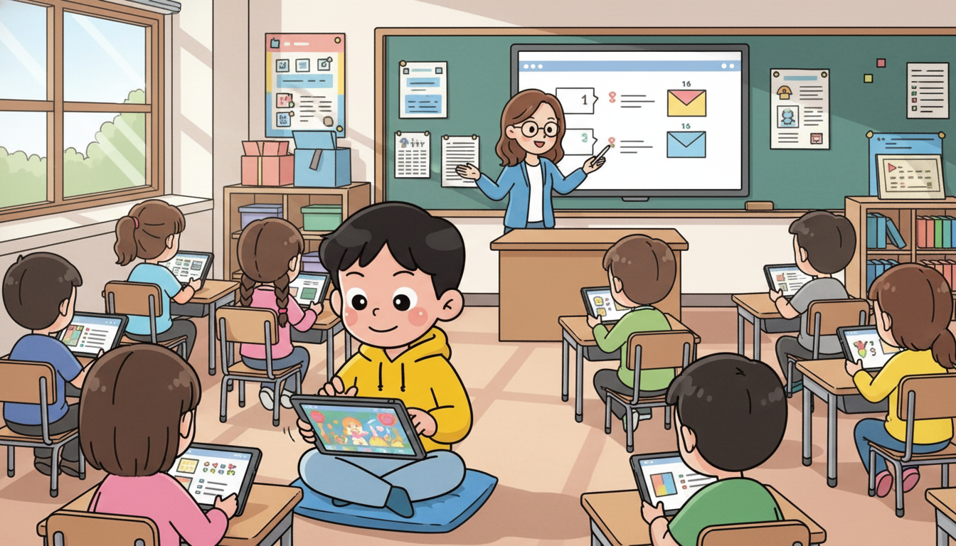 이미지 참고해서 아래 스크립트와 어울리는 이미지 만들어줘. 풍선이나 글은 넣지말고 상황만 이미지로 줘. 그림체는 내가 준 것과 동일하게 . 노란색 후드티가 지훈이고. 선생님이 여자. 
교실 전체와 지훈이 앉아있는 부분. 아이들과 수업하고 있는 모습. 다른 아이들은 열심히 태블릿으로 과제를 하는데 지훈이만 혼자 다른 거 클릭을 열심히 함.
지훈: (마음속 작은 말로) 와. 이거 너무 재미있네. 어제 봤던 거보다 더 재미있는 걸.