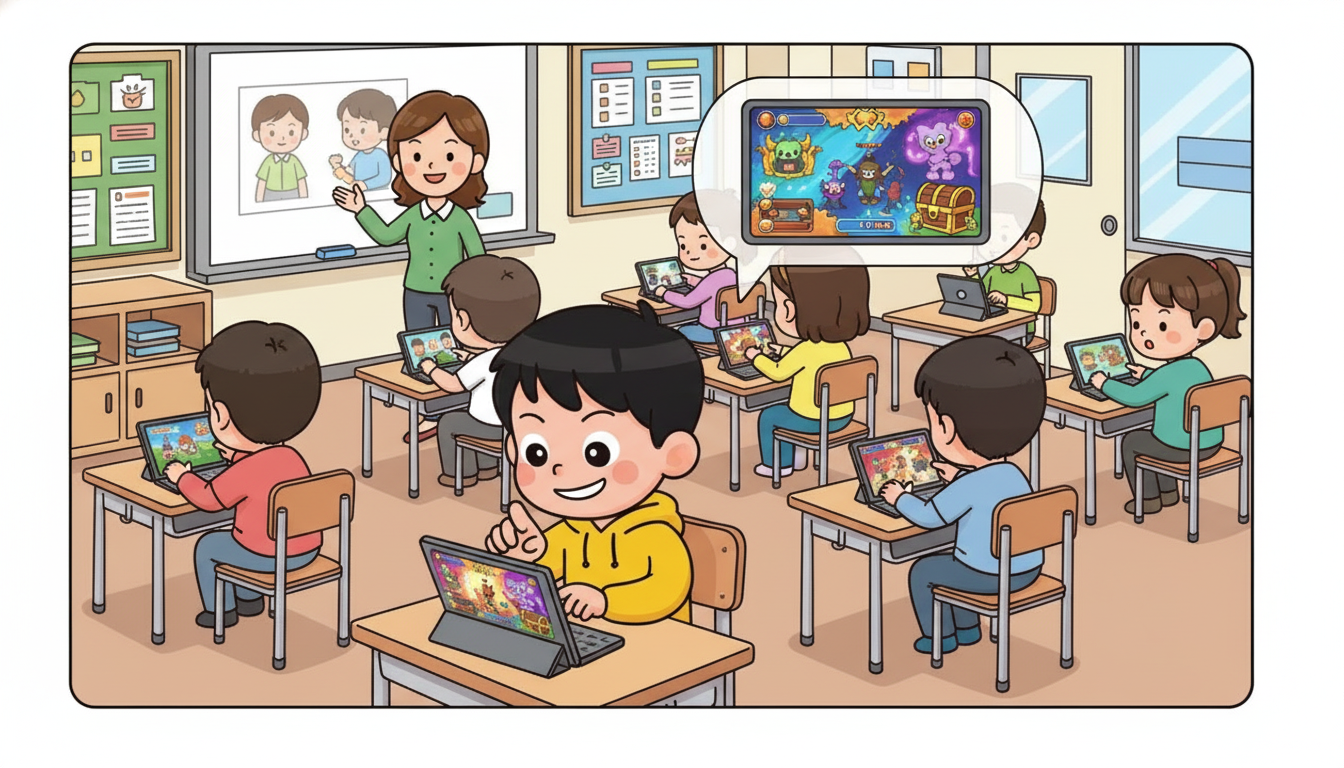 이미지 참고해서 아래 스크립트와 어울리는 이미지 만들어줘. 풍선이나 글은 넣지말고 상황만 이미지로 줘. 그림체는 내가 준 것과 동일하게 . 노란색 후드티가 지훈이고. 선생님이 여자. 
교실 전체와 지훈이 앉아있는 부분. 아이들과 수업하고 있는 모습. 다른 아이들은 열심히 태블릿으로 과제를 하는데 지훈이만 혼자 다른 거 클릭을 열심히 함.
지훈: (마음속 작은 말로) 와. 이거 너무 재미있네. 어제 봤던 거보다 더 재미있는 걸.