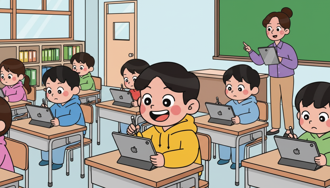 이미지 참고해서 아래 스크립트와 어울리는 이미지 만들어줘. 풍선이나 글은 넣지말고 상황만 이미지로 줘. 그림체는 내가 준 것과 동일하게 . 노란색 후드티가 지훈이고. 선생님이 여자. 
교실 전체와 지훈이 앉아있는 부분. 아이들과 수업하고 있는 모습. 다른 아이들은 열심히 태블릿으로 과제를 하는데 지훈이만 혼자 다른 거 클릭을 열심히 함.
지훈: (마음속 작은 말로) 와. 이거 너무 재미있네. 어제 봤던 거보다 더 재미있는 걸.