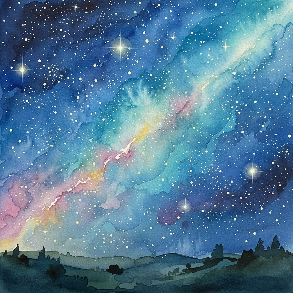 무수히 많은 별들이 펼쳐진 밤하늘, 신비로운 느낌, 수채화 스타일