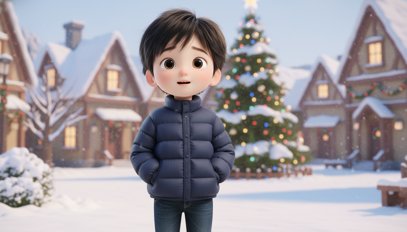 A full-body 3D animated character of a young boy named Philip, in a soft, rounded, Pixar-style character design.

Philip is wearing a navy winter padded jacket, blue jeans, and warm brown winter boots with soft fur lining, exactly suited for a snowy Chris