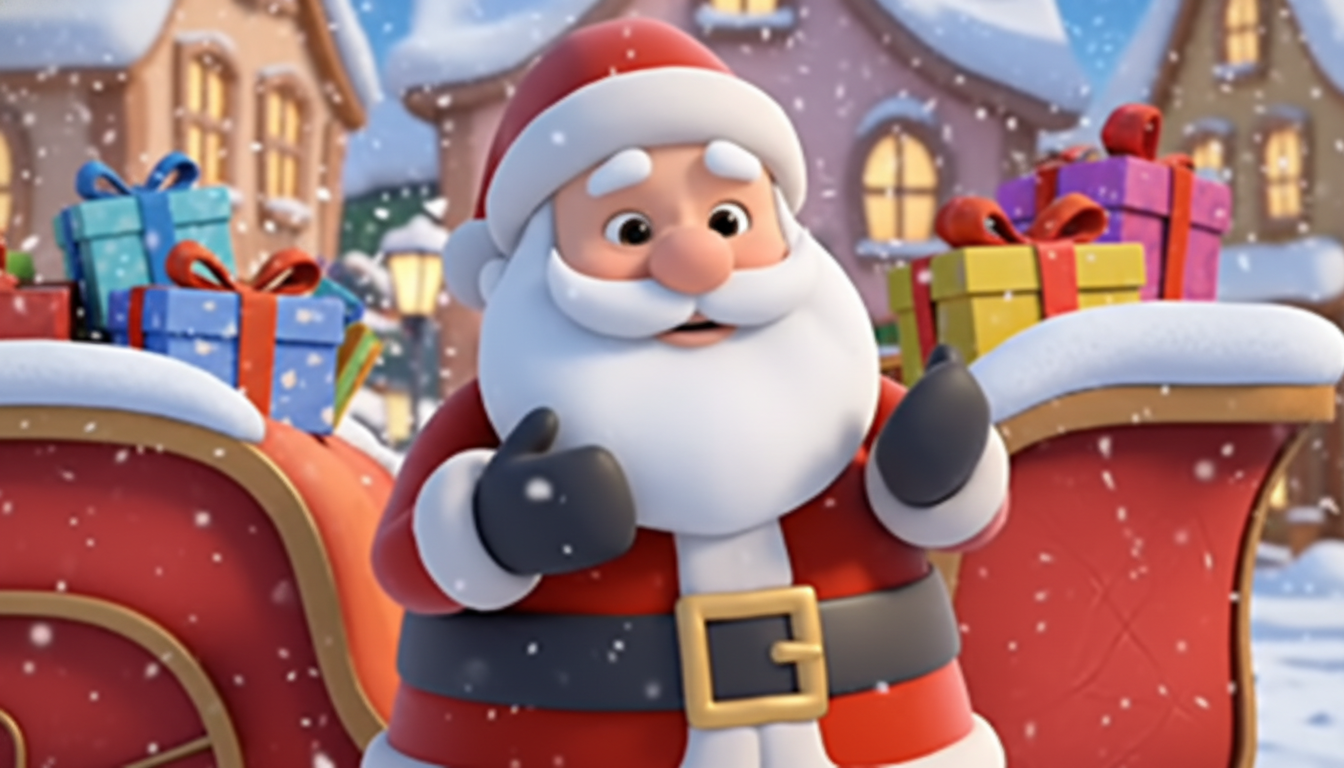 Upper-body close-up of Santa Claus in a soft, rounded 3D animated style, matching a cute, family-friendly Christmas character design.

Santa has a round face, fluffy white beard, rosy cheeks, and a warm, gentle appearance.

He is wearing a classic red San