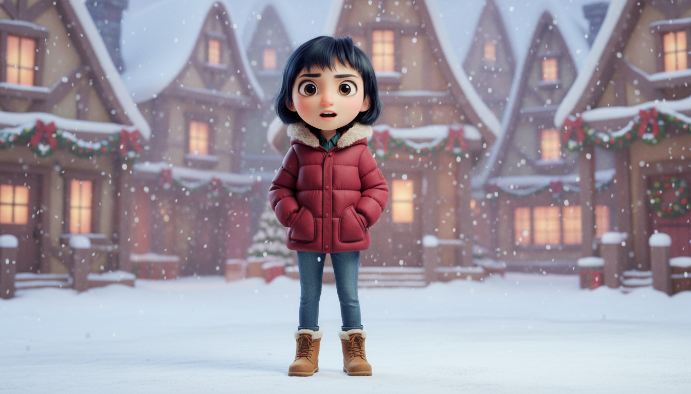A full-body 3D animated character of a young girl named Yooni, in a soft, rounded, Pixar-style character design.

Yooni is wearing a warm red winter padded jacket with a soft fur-lined hood, blue jeans, and brown winter boots suitable for snowy weather.

