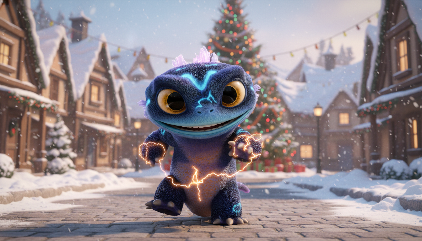 A full-body 3D animated character of a small energetic monster named Spark, in a soft, rounded, Pixar-style character design.

Spark has a compact and dynamic body, with big expressive eyes full of excitement and confidence.

Bright electric energy glows 