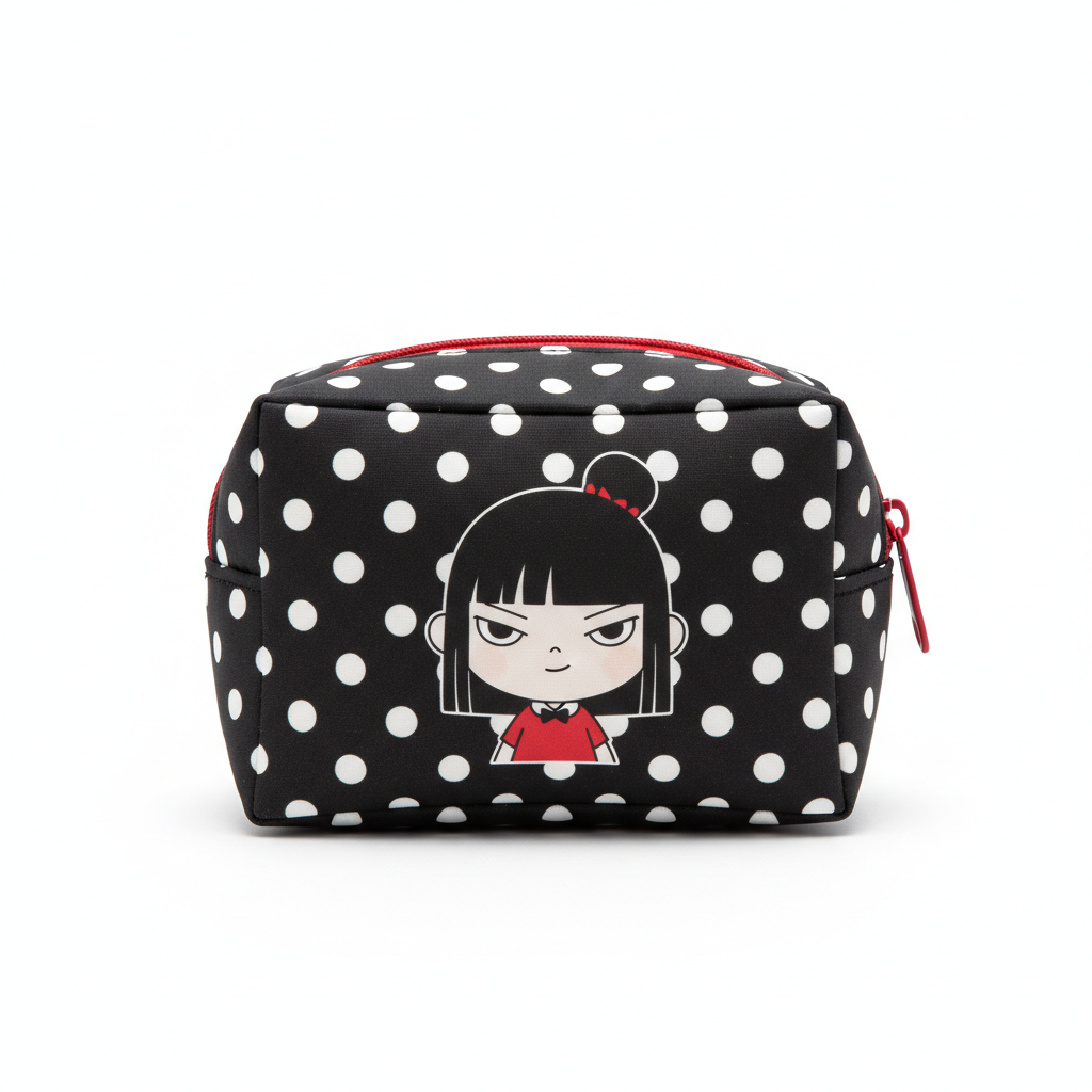 Ultra-realistic e-commerce product photography of a rectangular cosmetic pouch.
Black fabric body with clean white polka dot pattern, soft padded structure.
Front features a cute minimalist cartoon girl illustration with straight bangs, a small topknot ha