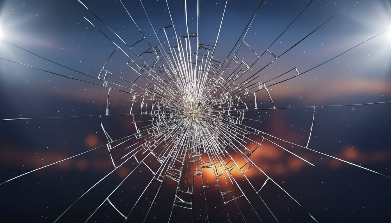 glass cracks spreading into an X pattern, dramatic lighting