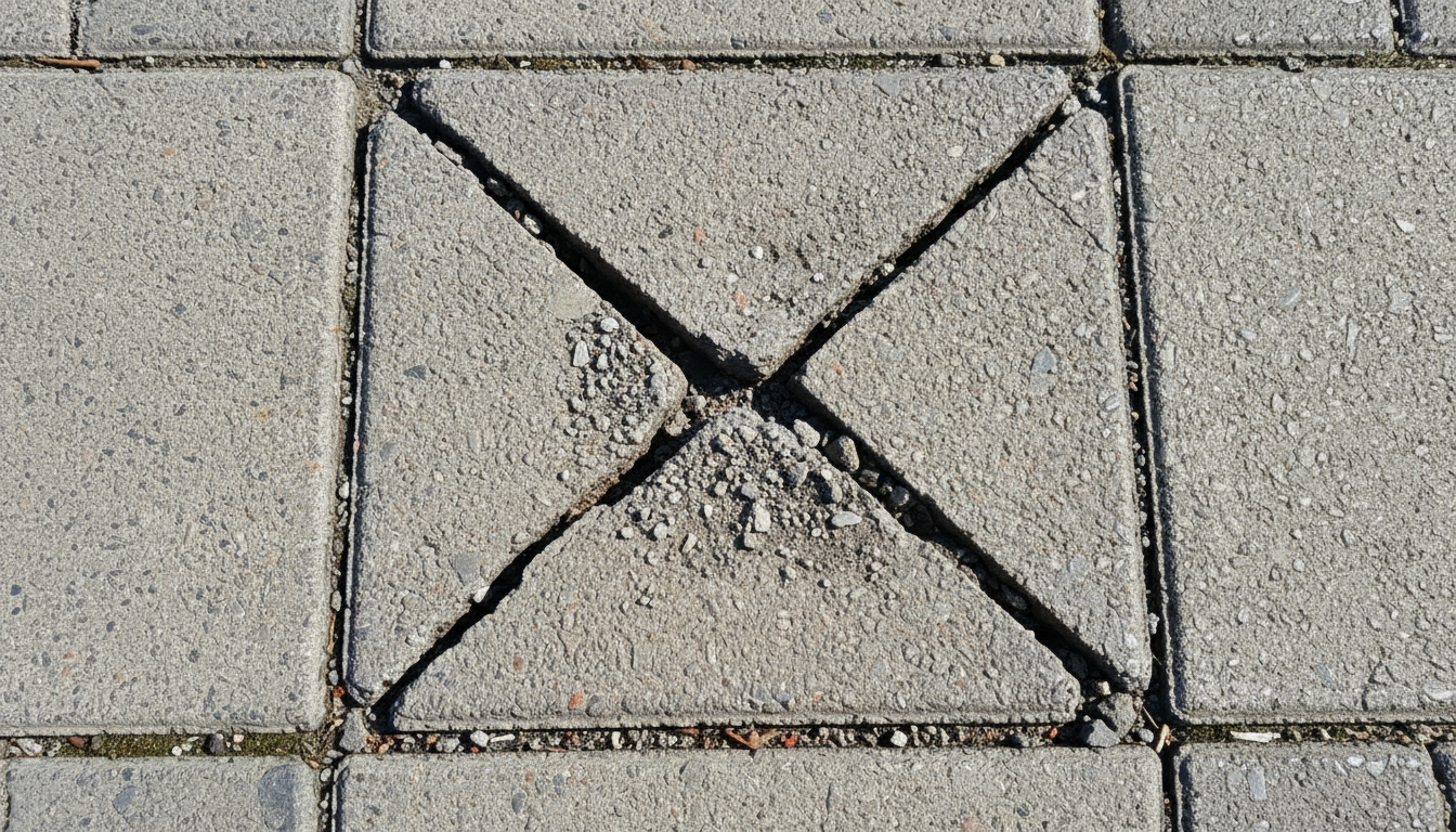 보도블록 한 블록에, X표로 금간 거 그려줘