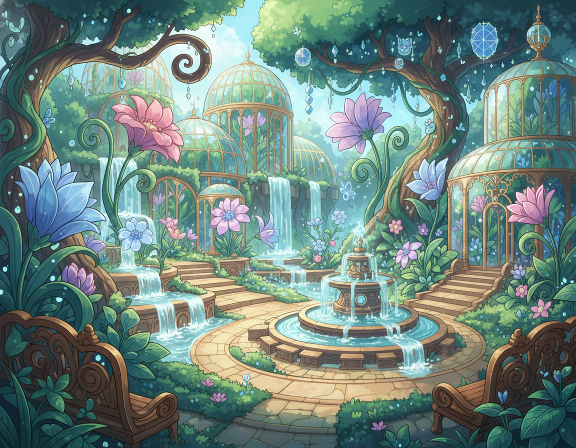이미지: a botanical garden.
스타일: Whimsical fantasy illustration style combining hand-painted anime backgrounds with storybook warmth.
Soft yet vibrant color palette with saturated teals, emerald greens, pastel pinks, lavender, and warm gold accents.
Painterl