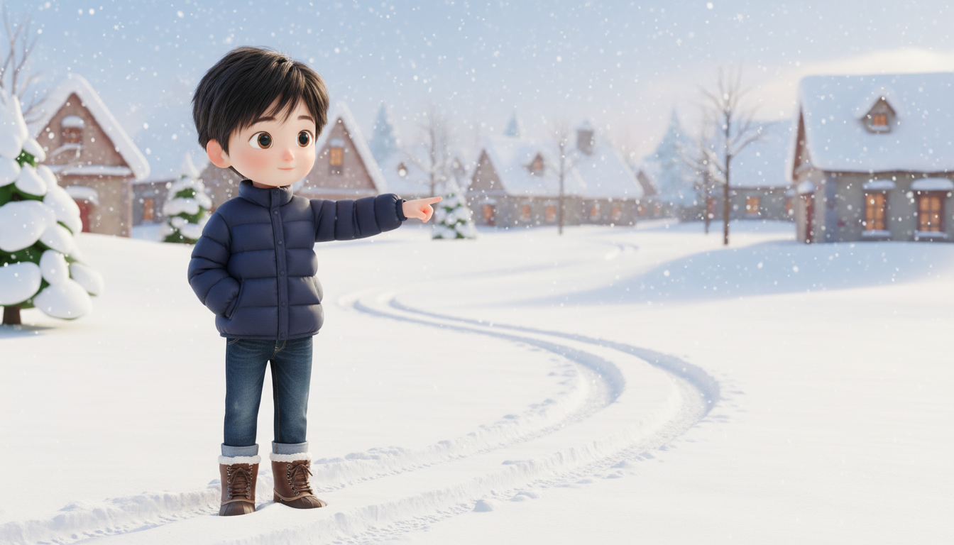 A full-body 3D animated character of a young boy named Philip, in a soft, rounded, Pixar-style character design.

Philip is wearing a navy winter padded jacket, blue jeans, and warm brown winter boots with fur lining, suitable for snowy weather.

He stand