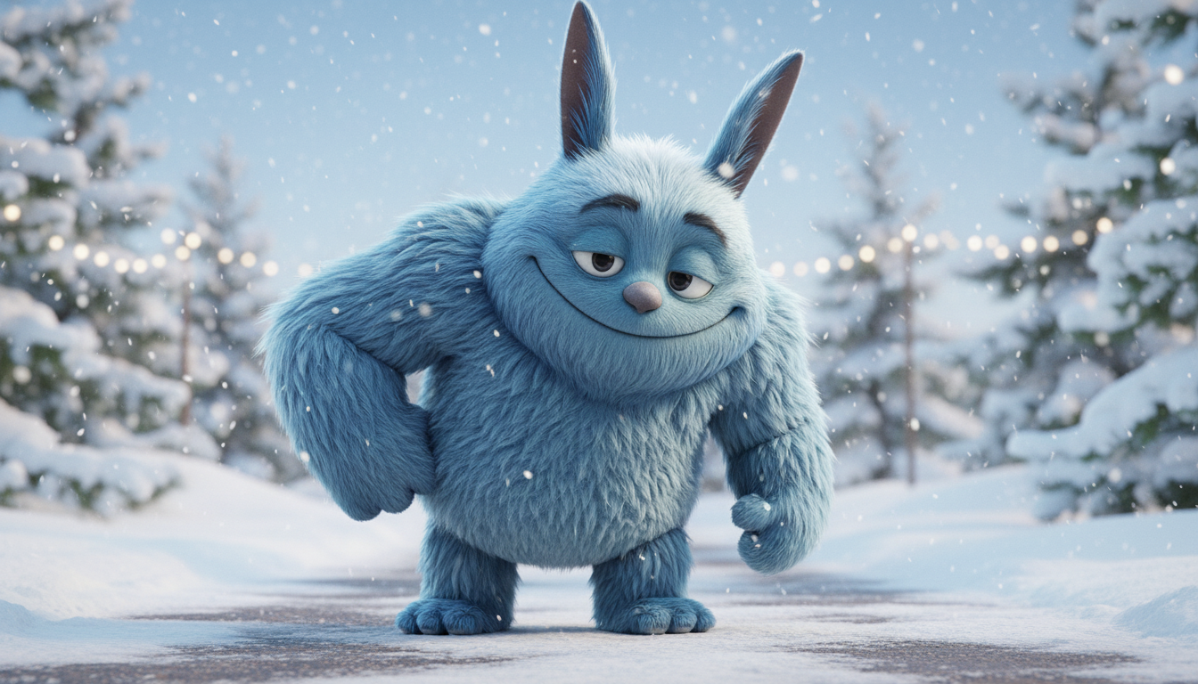 A full-body 3D animated monster character named Moongi.

Moongi has a big, sturdy body and a kind, reliable appearance.

He stands on a snowy path, slightly leaning forward as if ready to move ahead.

One hand is clenched with confidence, showing strength