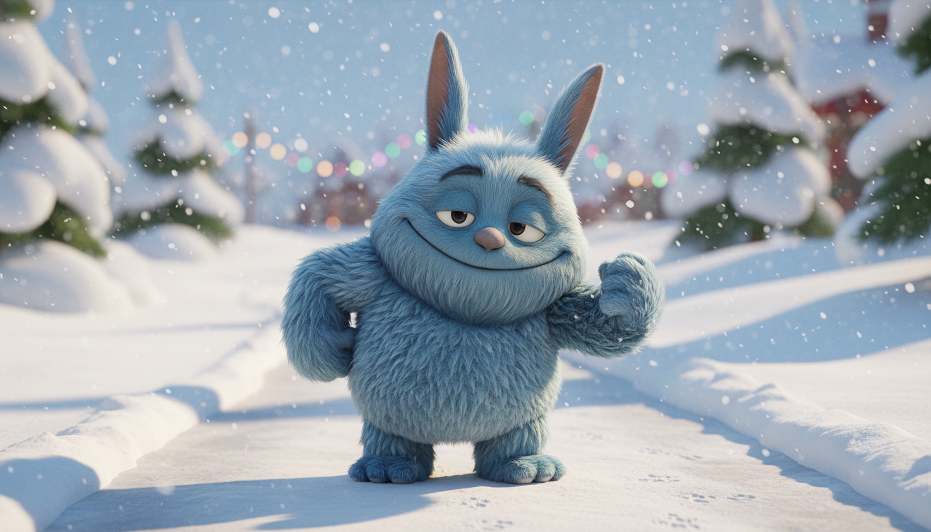 A full-body 3D animated monster character named Moongi.

Moongi has a big, sturdy body and a kind, reliable appearance.

He stands on a snowy path, slightly leaning forward as if ready to move ahead.

One hand is clenched with confidence, showing strength