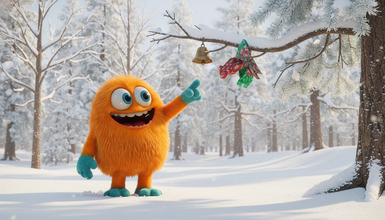 3D animated scene in a snowy forest.

Snow-covered trees and branches surround the area.

A small bell and pieces of colorful gift wrapping are caught on a tree branch.

Jjori, a small and energetic monster, points excitedly at the branch.

Jjori looks su