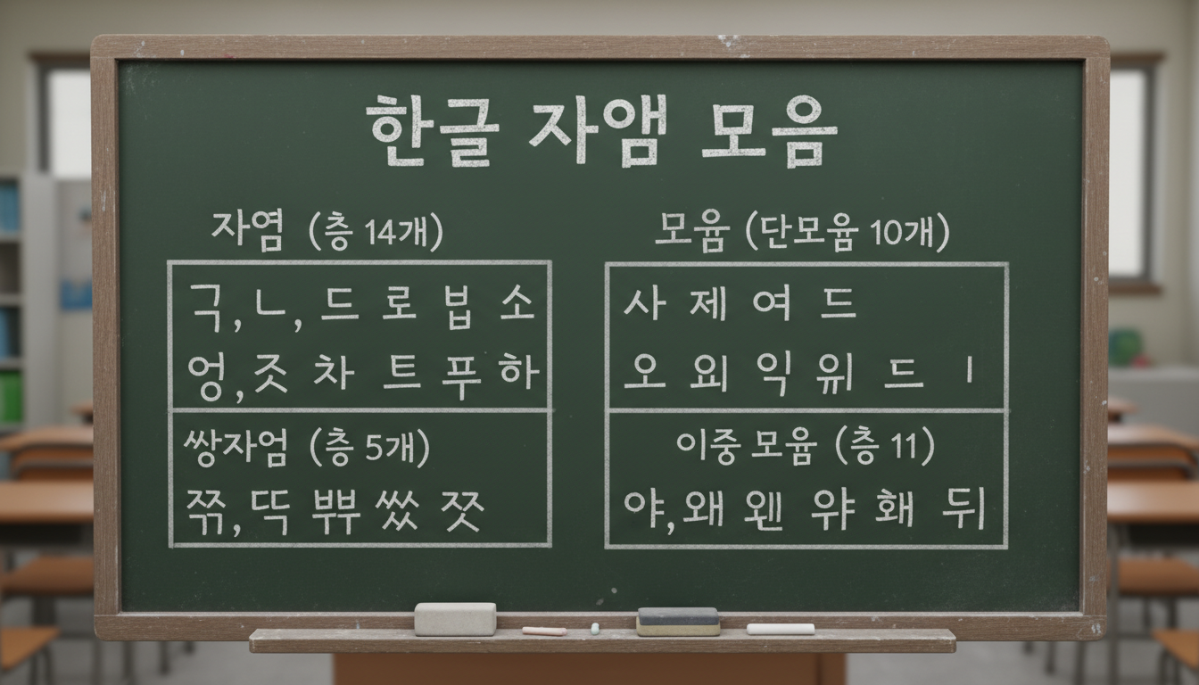 한글의 자음과 모음은 다음과 같습니다:

자음: ㄱ, ㄴ, ㄷ, ㄹ, ㅁ, ㅂ, ㅅ, ㅇ, ㅈ, ㅊ, ㅋ, ㅌ, ㅍ, ㅎ (총 14개). 


쌍자음: ㄲ, ㄸ, ㅃ, ㅆ, ㅉ (총 5개). 

모음: ㅏ, ㅐ, ㅓ, ㅔ, ㅗ, ㅚ, ㅜ, ㅟ, ㅡ, ㅣ (단모음 10개). 

이중 모음: ㅑ, ㅒ, ㅕ, ㅖ, ㅘ, ㅙ, ㅝ, ㅞ, ㅠ, ㅢ (총 11개). 

한글 자음 모음이 칠판에 써 있는 이미지 만들어줘