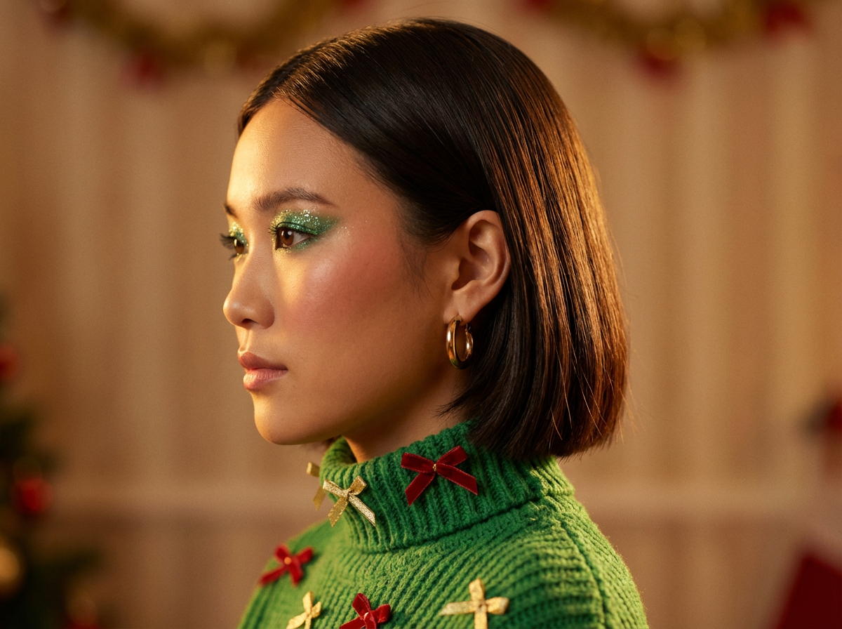 Change to asian girl with dark brown bob hair. Change the camera angle to a side view. Warm lighting.