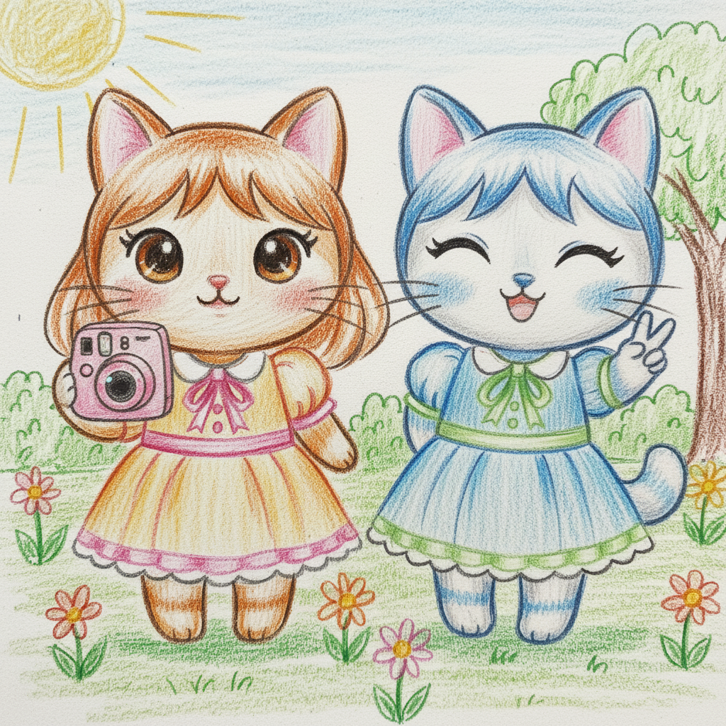 이 그림 속 고양이들이 사진 찍는 포즈를 취하고 있는 것으로 그림을 그려줘