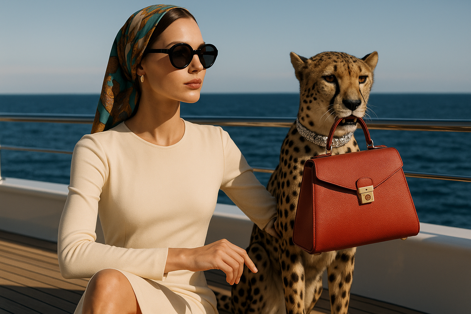 "Fashion editorial-style luxury image on the deck of a superyacht: a stylish woman in a cream-colored long-sleeve dress and colorful silk headscarf, wearing oversized round sunglasses, sitting confidently beside a Cheetah wearing a diamond collar and hold