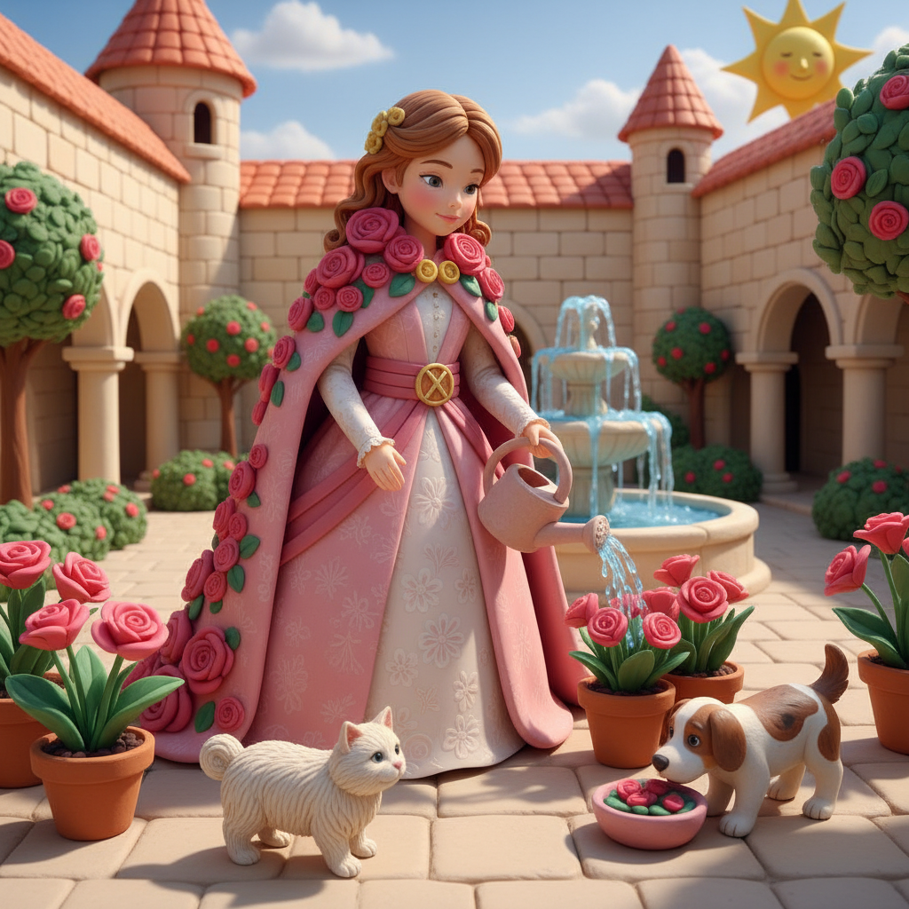 공주가 궁궐의 마당에서 노는 모습을 그려줘. 공주가 식물들에게 물을 주고 자기가 키우는 고양이와 강아지에게 밥을 주고 있어. 공주는 망토가 장미꽃으로 화려하게 꾸며져 있고 옷에는 연한 꽃무늬가 있어. 핑크색이야. 허리에 긴 띠를 두르고 있어. 가운데에 동그란 버클이 있고 엑스가 쓰여 있어. 클레이로 만든 것 같은 그림을 그려줘