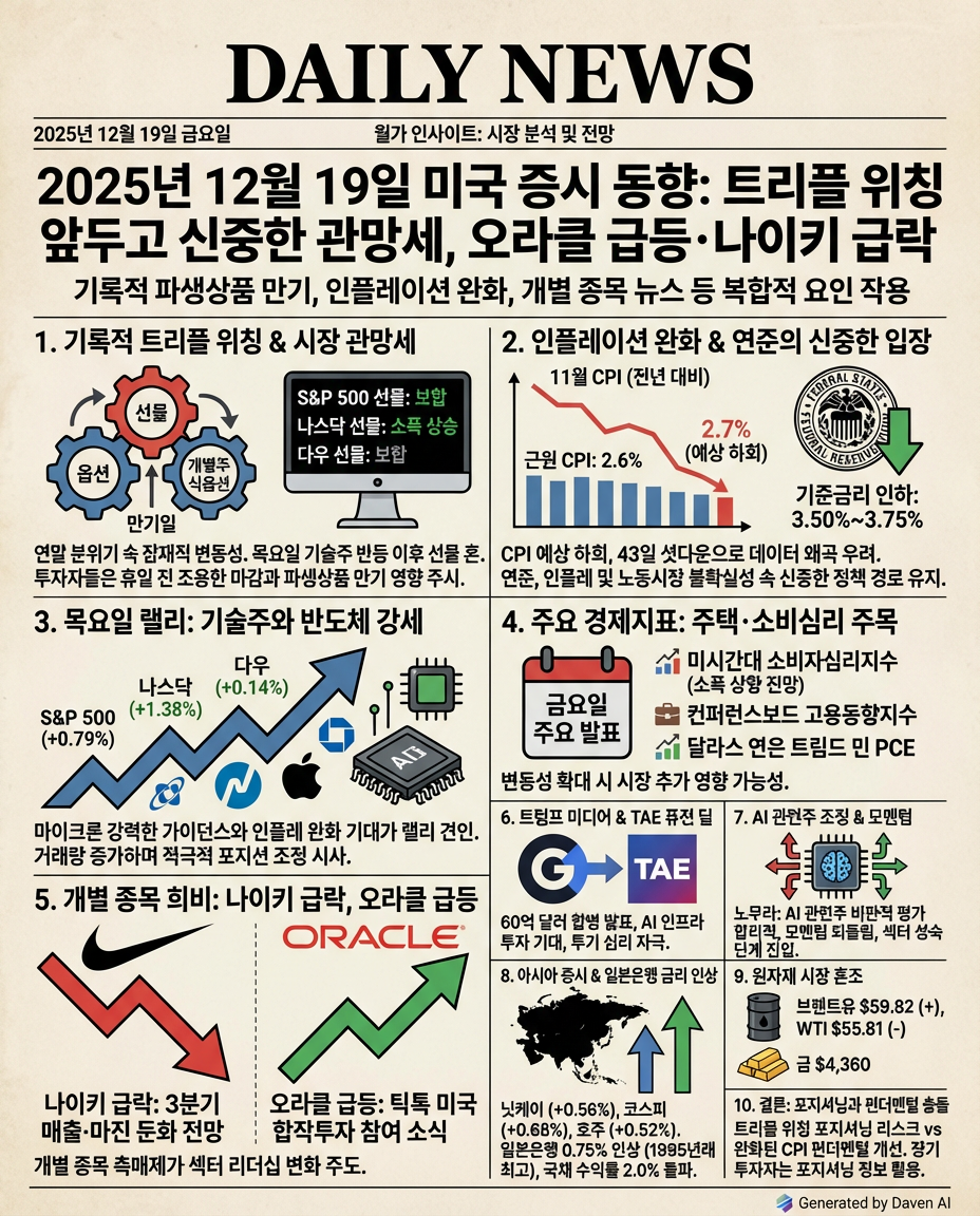 # 2025년 12월 19일 미국 증시 동향: 트리플 위칭 앞두고 신중한 관망세, 오라클 급등·나이키 급락

## 1. 기록적 트리플 위칭 앞두고 선물 보합세  
2025년 12월 19일 금요일, 월가는 연말 특유의 조용한 분위기 속 잠재적 변동성을 품고 거래 시작. 목요일 인플레이션 완화에 힘입은 기술주 반등 이후, S&P 500 선물은 보합, 나스닥 선물은 소폭 상승. 투자자들은 휴일 전 조용한 마감인지, 기록적 파생상품 만기와 주말 경제지표 영향으