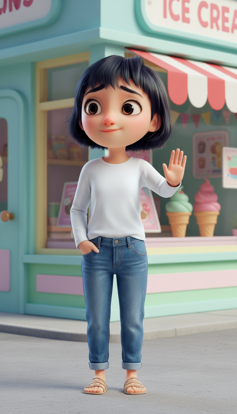 Yooni from The Monsters universe standing in front of a colorful ice cream shop, raising one hand slightly as if giving a gentle warning, calm and caring expression, looking toward Moongi off-camera, full body view.

Pastel-colored ice cream shop storefro