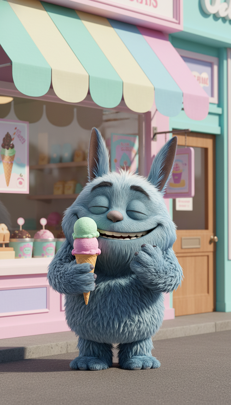 Moongi from The Monsters universe standing in front of a colorful ice cream shop, happily eating an ice cream cone, eyes closed in joy, big smile on face, cheeks slightly puffed, full body view.

Pastel-colored ice cream shop storefront with striped awnin