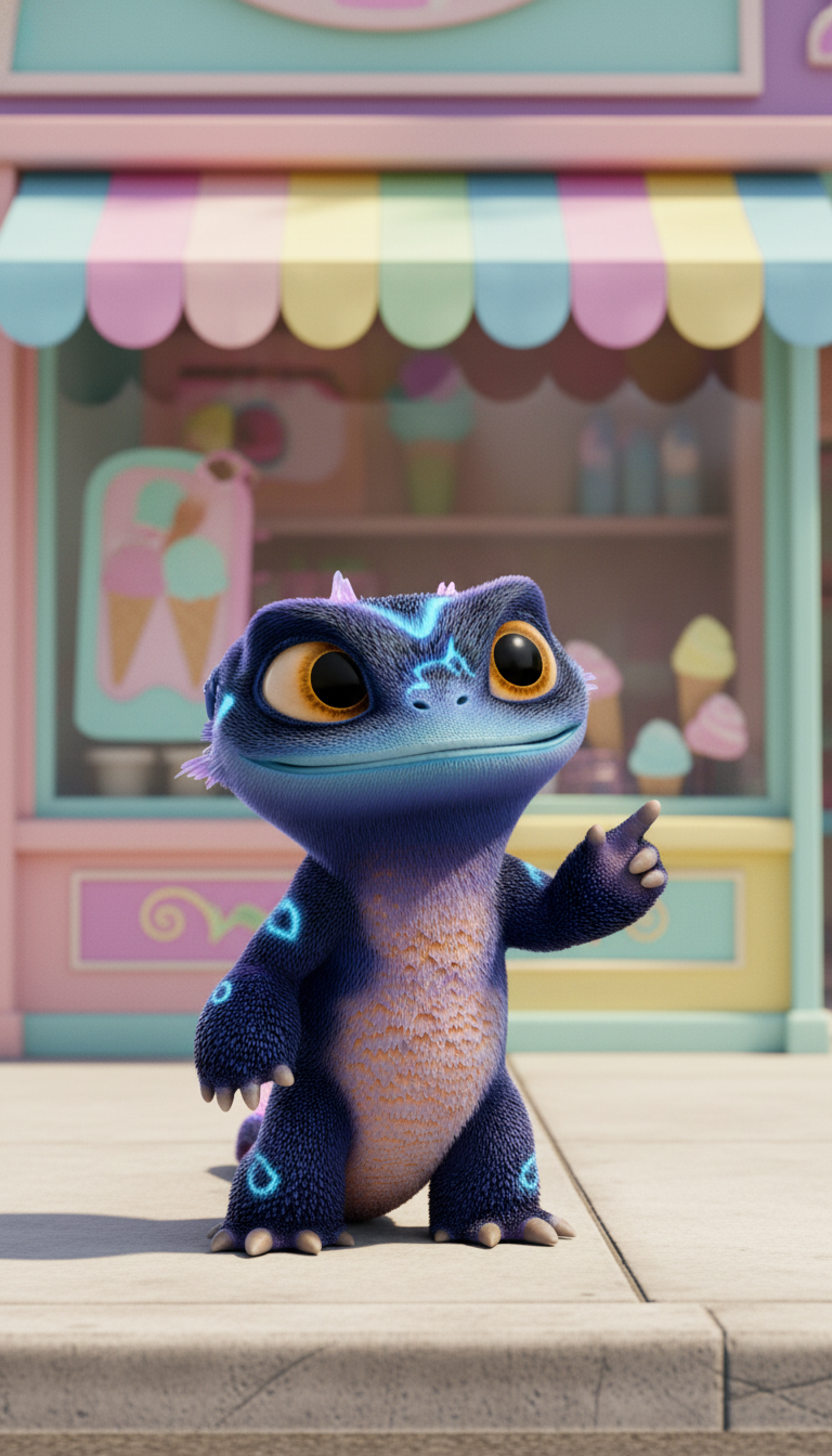 Spark from The Monsters universe standing in front of a colorful ice cream shop, looking slightly concerned and confused, head tilted a little, one hand raised as if pointing or noticing something off-camera, eyes focused toward Moongi, full body view.

P