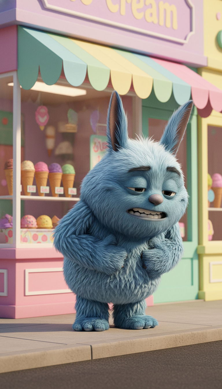 Moongi from The Monsters universe standing in front of a colorful ice cream shop, holding his stomach with both hands, slightly bent forward, uncomfortable expression, eyebrows lowered, mouth slightly open as if in pain, full body view.

Pastel-colored ic