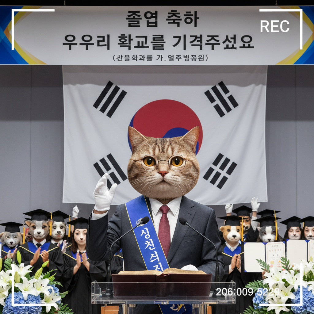 고양이 얼굴형의 사무복장을 한 교장선생님이 태극기가 있는 무대에서 졸업을 축하하고 앞ㅇ로 학교를 기억해달라는 연설하는 영상
