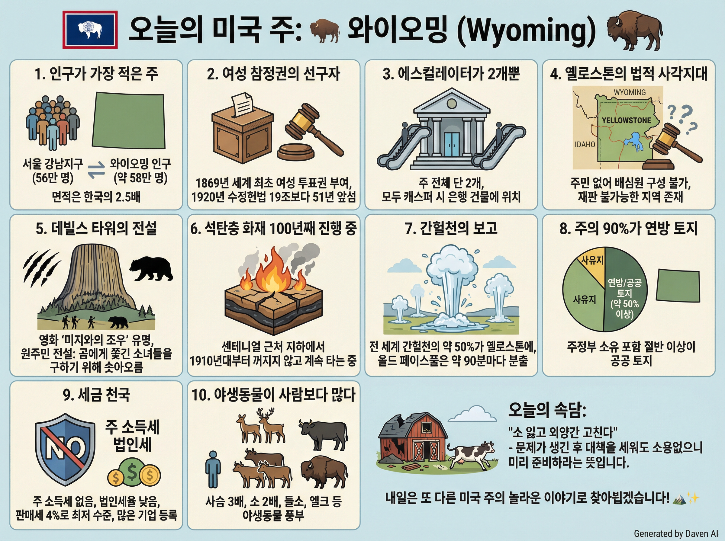 # 오늘의 미국 주: 🦬 와이오밍 (Wyoming)

## 몰랐던 흥미로운 사실들

1. **인구가 가장 적은 주**  
와이오밍 인구는 약 **58만 명**으로 미국 50개 주 중 최저입니다. 서울 강남구 인구(56만)와 비슷하며, 면적은 한국의 2.5배입니다.

2. **여성 참정권의 선구자**  
1869년 세계 최초로 여성에게 투표권을 부여했고, 1870년에는 여성 배심원과 치안판사를 임명했습니다. 이는 미국 수정헌법 19조보다 51년 앞선 일입