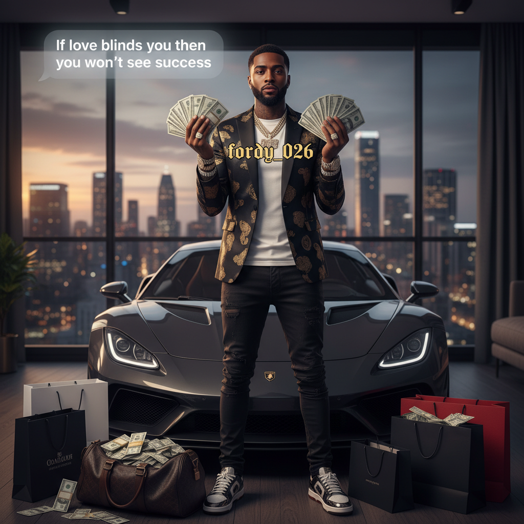 I want you to make for me a picture of a cool guy wearing the best clothes and holding lots of cash and his shirt should be written : fordy_026 and the picture should have a text message that says " If love blinds you then you won't see success "