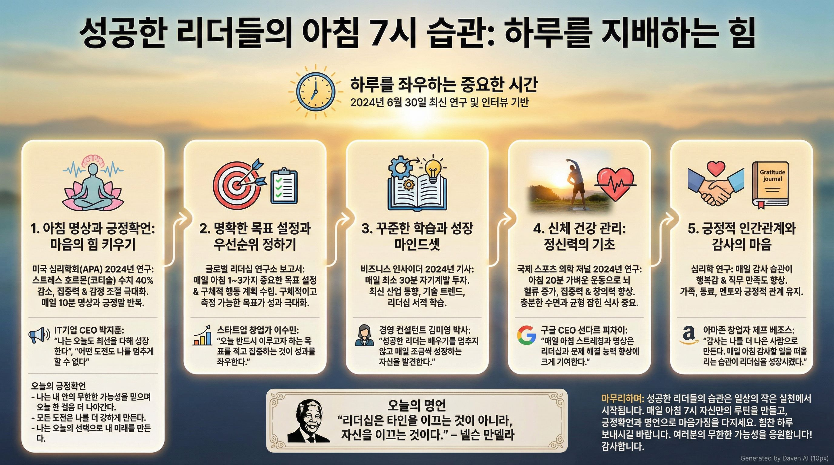 안녕하세요! 2024년 6월 30일 발표된 최신 연구와 인터뷰를 바탕으로 성공한 리더들의 아침 7시 습관을 소개합니다. 아침 7시는 하루를 좌우하는 중요한 시간으로, 이 시간을 어떻게 보내느냐에 따라 삶과 커리어 방향이 달라집니다. 성공한 리더들의 아침 습관을 통해 긍정적이고 동기부여 가득한 하루를 시작해보세요.

---

# 성공한 리더들의 아침 7시 습관: 하루를 지배하는 힘

‘글로벌 리더십 연구소’ 2024년 6월 30일 보고서에 따르면, 성공한
