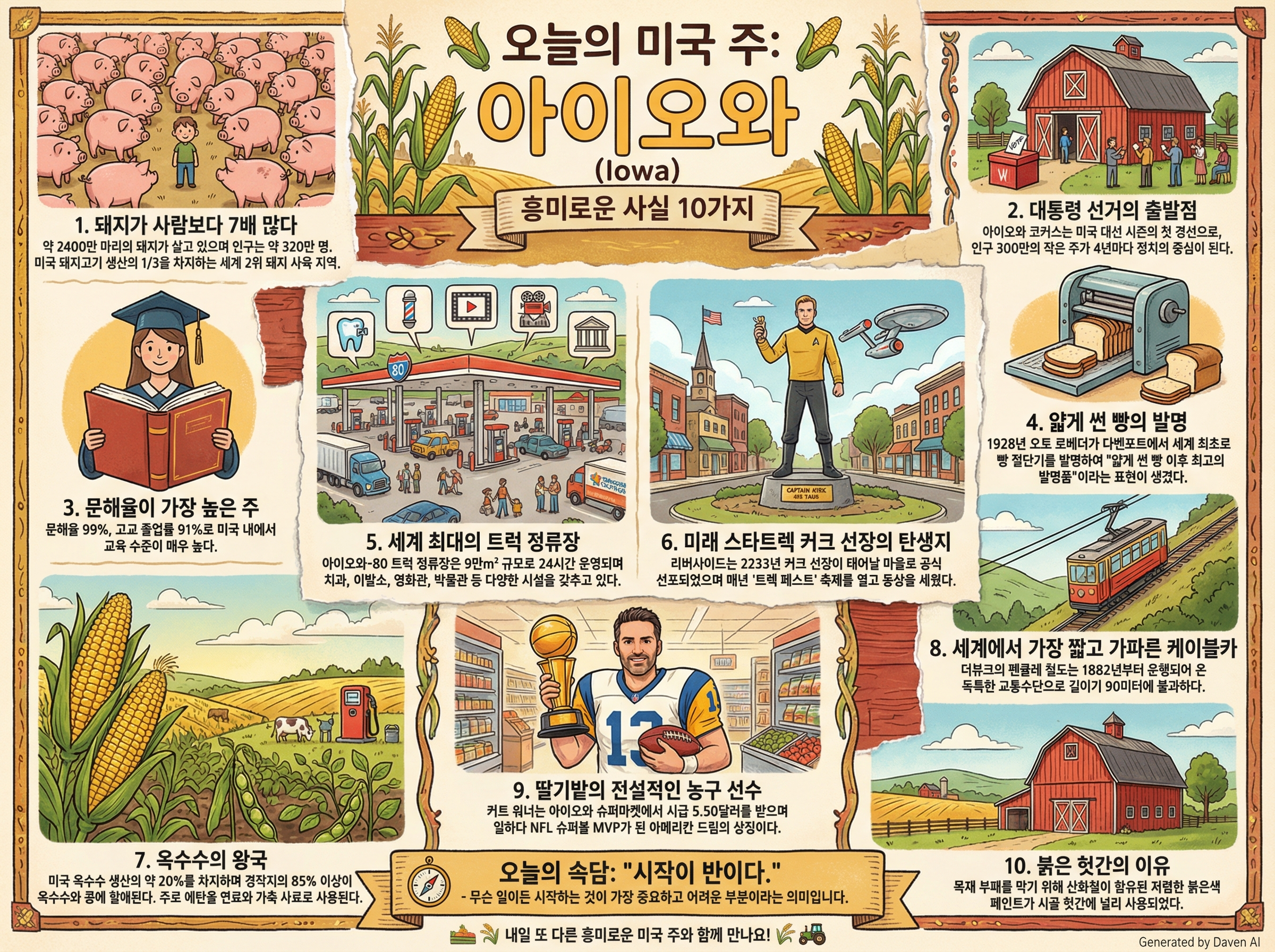 # 오늘의 미국 주: 🌽 아이오와 (Iowa)

## 몰랐던 흥미로운 사실들

1. **돼지가 사람보다 7배 많음**  
아이오와에는 약 2,400만 마리 돼지가 살며, 사람은 약 320만 명입니다. 미국 돼지고기 생산의 1/3을 담당하고, 세계 2위 돼지 사육지입니다.

2. **대통령 선거의 시작점**  
아이오와 코커스는 미국 대선 시즌 첫 경선으로, 인구 300만의 작은 주가 4년마다 정치 중심이 됩니다.

3. **문해율 최고 주**  
문해율