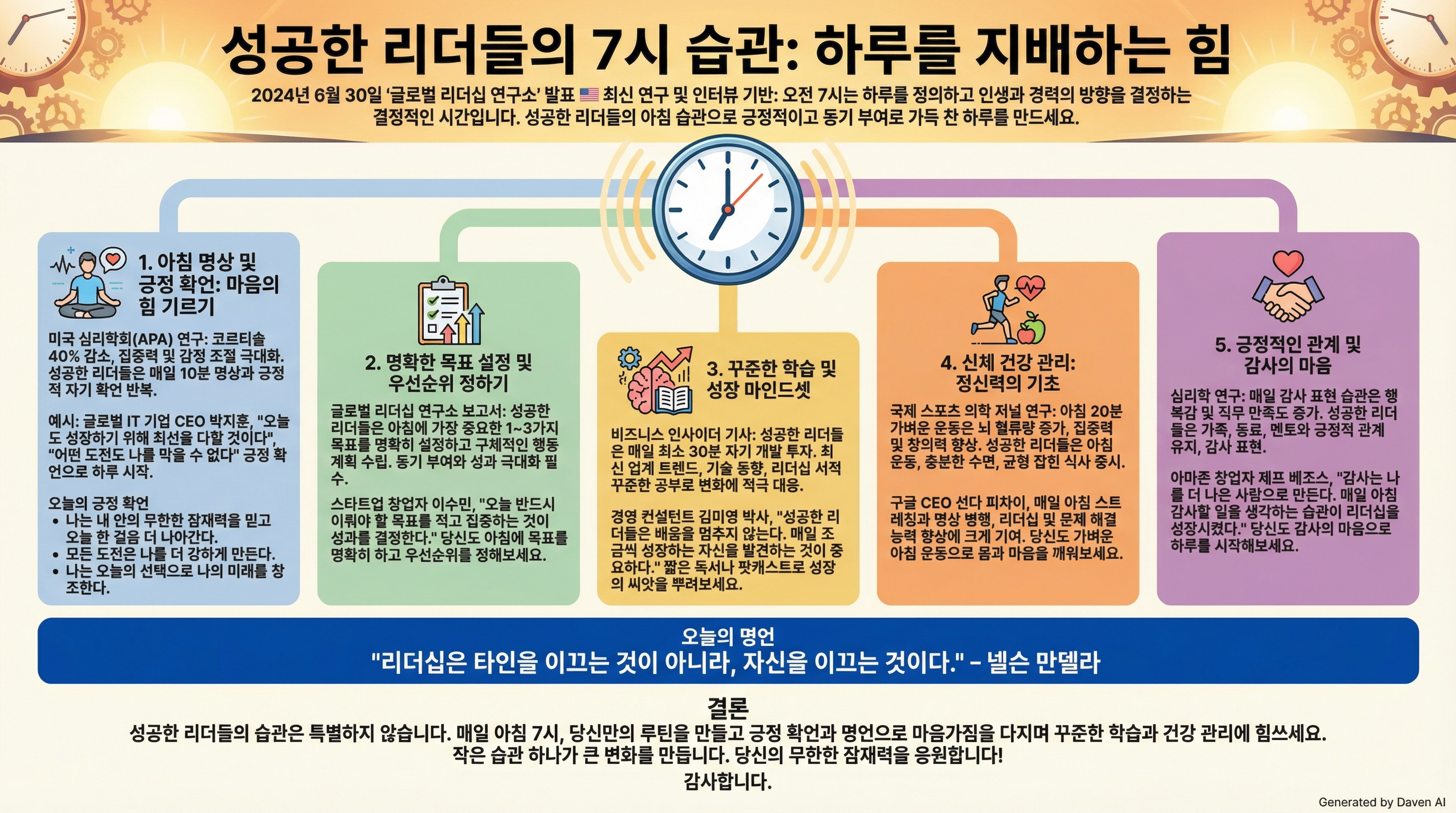 안녕하세요! 2024년 6월 30일 발표된 최신 연구와 인터뷰를 바탕으로 성공한 리더들의 아침 7시 습관을 소개합니다. 아침 7시는 하루를 결정짓는 중요한 시간으로, 이 시간을 어떻게 보내느냐가 삶과 커리어의 방향을 좌우합니다. 성공한 리더들의 아침 습관을 통해 긍정적이고 동기부여 가득한 하루를 만들어보세요.

---

# 성공한 리더들의 아침 7시 습관: 하루를 지배하는 힘

‘글로벌 리더십 연구소’ 보고서(2024년 6월 30일)에 따르면, 성공한 