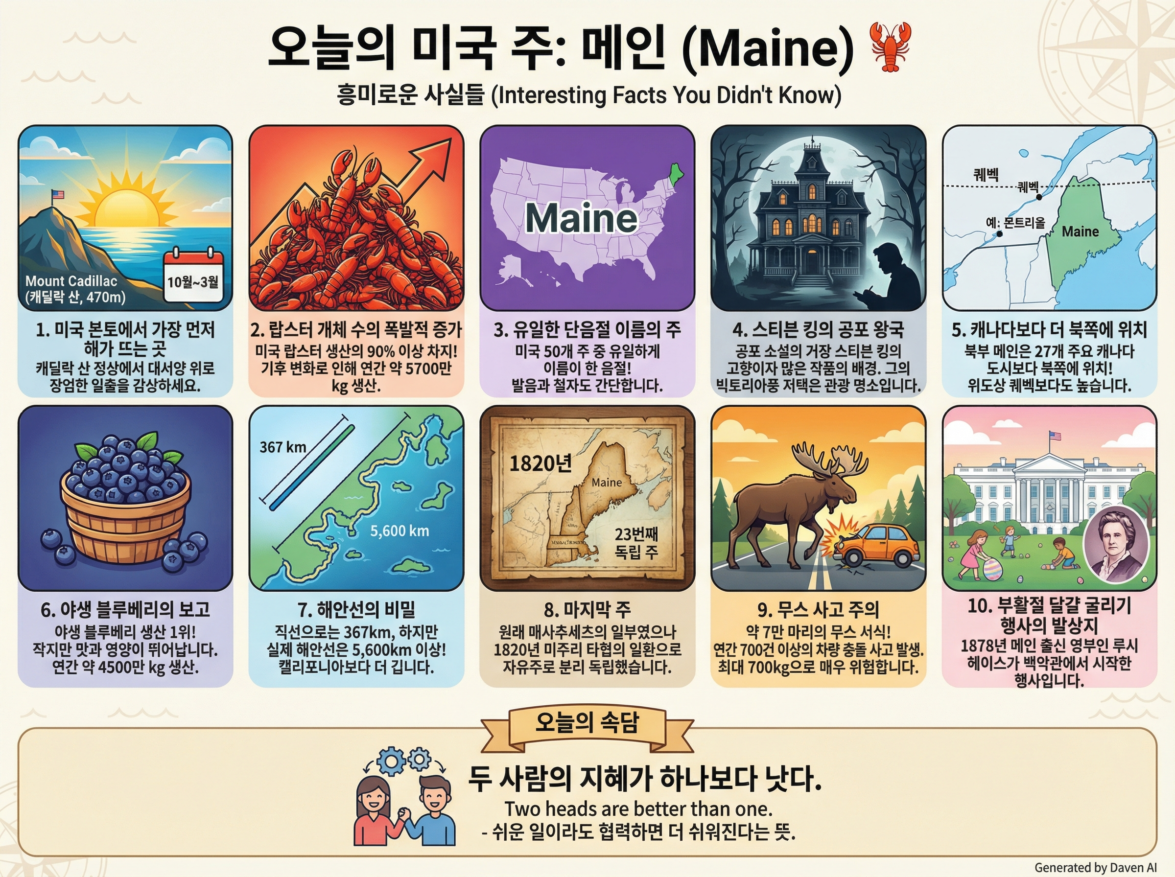 # 오늘의 미국 주: 🦞 메인 (Maine)

## 몰랐던 흥미로운 사실들

1. **미국 본토에서 가장 먼저 해가 뜨는 곳**  
메인주 캐딜락 산 정상(해발 470m)은 10월~3월 미국에서 가장 먼저 일출을 볼 수 있는 곳입니다. 대서양의 장엄한 일출을 감상할 수 있죠.

2. **랍스터 개체 수 폭발적 증가**  
메인은 미국 랍스터 생산의 90% 이상을 차지하며, 기후변화로 바닷물 온도가 올라 랍스터 개체 수가 급증해 연간 약 5,700만 kg