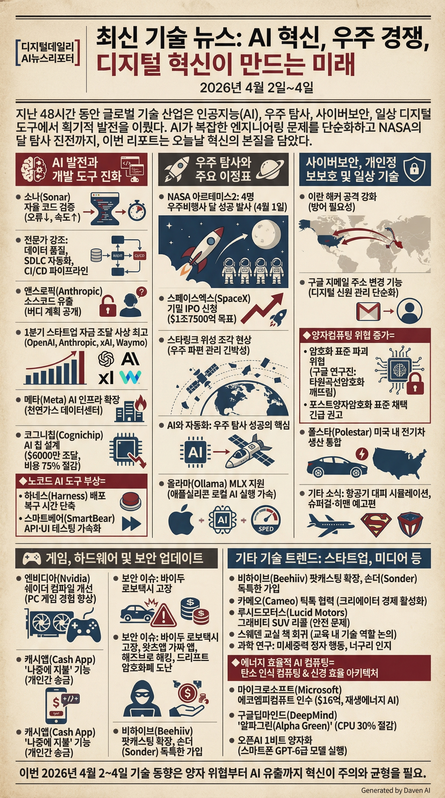 # 최신 기술 뉴스: AI 혁신, 우주 경쟁, 디지털 혁신이 만드는 미래 (2026년 4월 2일~4일)

**[디지털데일리 AI뉴스리포터]** 지난 48시간 동안 글로벌 기술 산업은 인공지능(AI), 우주 탐사, 사이버보안, 일상 디지털 도구에서 획기적 발전을 이뤘다. AI가 복잡한 엔지니어링 문제를 단순화하고 NASA의 달 탐사 진전까지, 이번 리포트는 오늘날 혁신의 본질을 담았다.

## AI 발전과 개발 도구 진화

소나(Sonar)는 에이전트 중