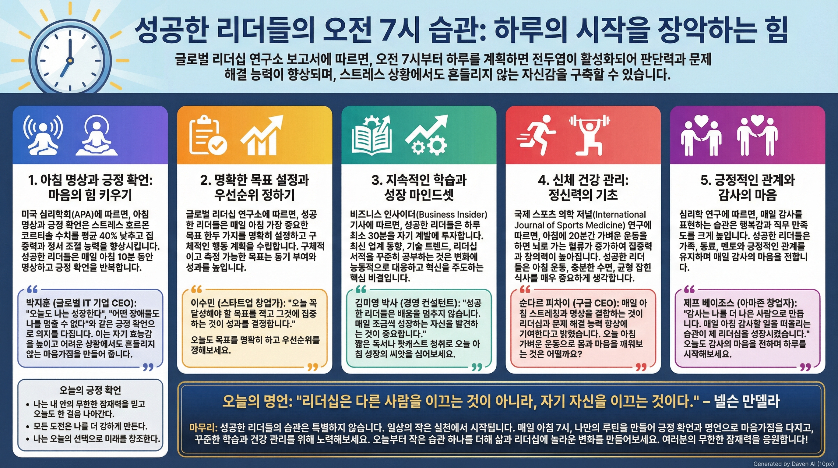 안녕하세요! 2024년 6월 30일 발표된 최신 연구와 인터뷰를 바탕으로 성공한 리더들의 아침 7시 습관을 소개합니다. 아침 7시는 하루를 결정짓는 중요한 시간으로, 성공한 리더들은 이 시간을 명상, 긍정확언, 목표 설정, 자기계발, 신체 건강 관리 등으로 체계적으로 활용해 자신을 성장시킵니다.

---

# 성공한 리더들의 아침 7시 습관: 하루의 시작을 장악하는 힘

‘글로벌 리더십 연구소’ 보고서에 따르면, 성공한 리더들은 아침 7시를 기점으로 하