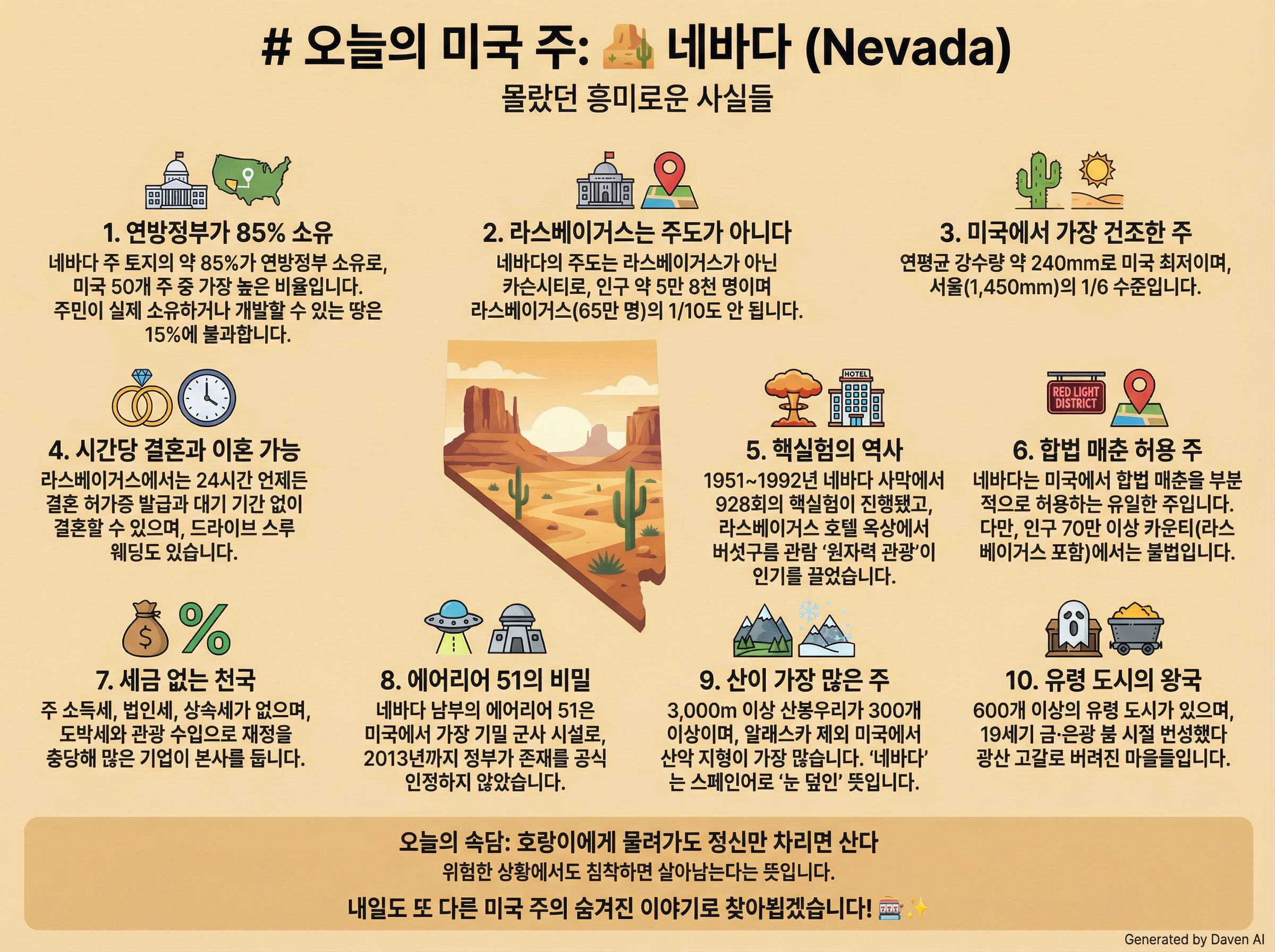 # 오늘의 미국 주: 🏜️ 네바다 (Nevada)

## 몰랐던 흥미로운 사실들

1. **연방정부가 85% 소유**  
네바다 주 토지의 약 85%가 연방정부 소유로, 미국 50개 주 중 가장 높은 비율입니다. 주민이 실제 소유하거나 개발할 수 있는 땅은 15%에 불과합니다.

2. **라스베이거스는 주도가 아니다**  
네바다의 주도는 라스베이거스가 아닌 **카슨시티**로, 인구 약 5만 8천 명이며 라스베이거스(65만 명)의 1/10도 안 됩니다.