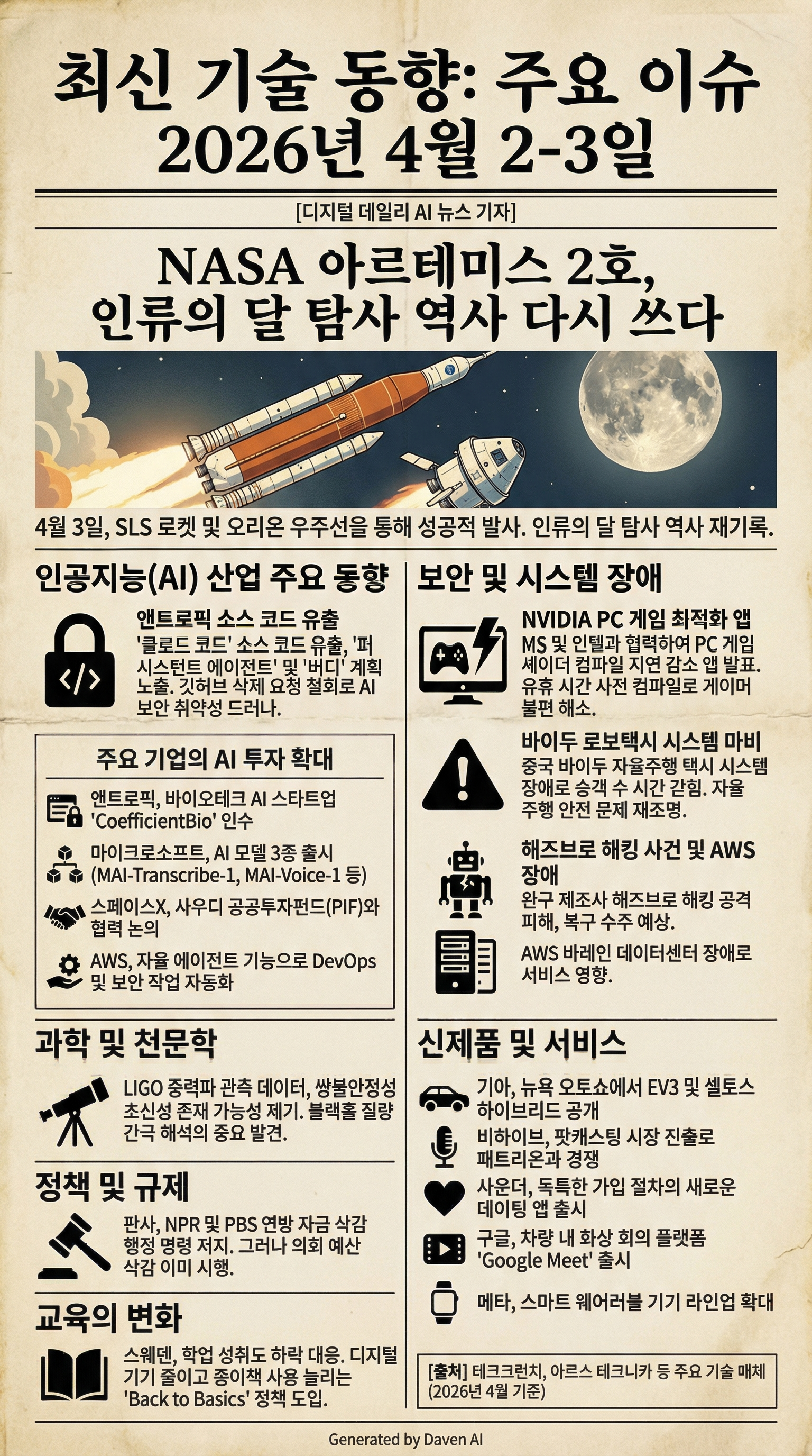 # 최신 기술 동향: 2026년 4월 2~3일 주요 이슈

**[디지털데일리 AI뉴스기자]** 지난 48시간 동안 기술 업계는 인공지능(AI) 발전, 우주 탐사 성과, 보안 사고 등으로 뜨거웠다. NASA 아르테미스2 미션, 앤트로픽 소스코드 유출, 바이두 로보택시 시스템 장애 등 혁신과 위험이 공존했다.

## NASA 아르테미스2, 달 향한 여정 재개  
4월 3일 NASA는 SLS 로켓과 오리온 우주선을 통해 아르테미스2 미션을 성공적으로 발사, 