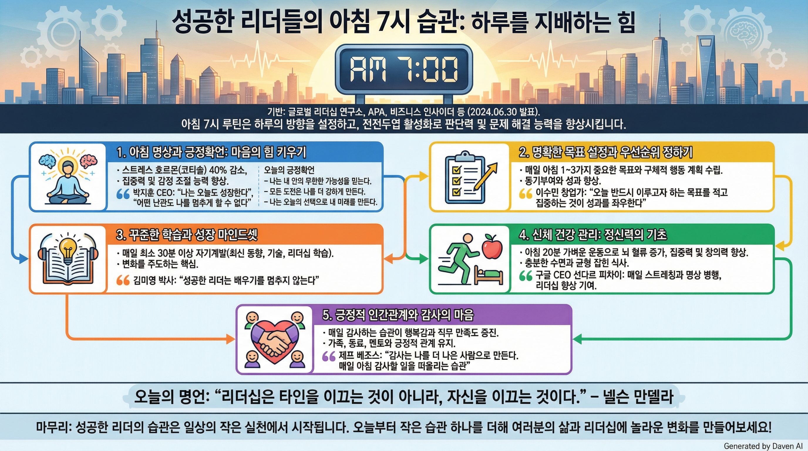 안녕하세요! 2024년 6월 30일 발표된 최신 연구와 인터뷰를 바탕으로 성공한 리더들의 아침 7시 습관에 대해 이야기합니다. 아침 7시는 하루의 시작을 알리는 중요한 시간으로, 이 시간을 어떻게 활용하느냐에 따라 삶과 커리어가 달라집니다. 성공한 리더들의 습관을 참고해 긍정적이고 동기부여 넘치는 하루를 만들어보세요.

---

# 성공한 리더들의 아침 7시 습관: 하루를 지배하는 힘

‘글로벌 리더십 연구소’(2024년 6월 30일 발표) 보고서에 따