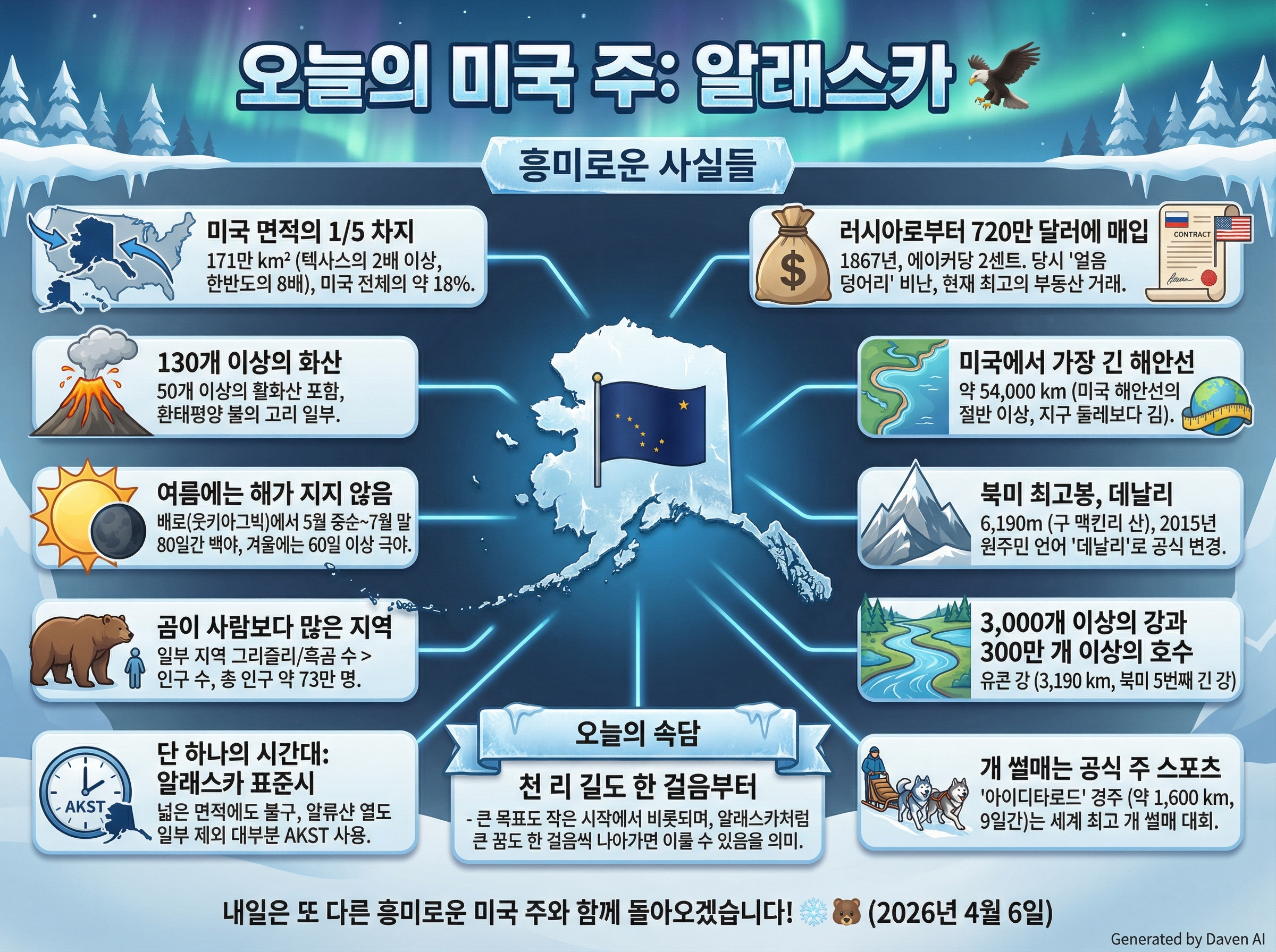 # 오늘의 미국 주: 🦅 알래스카 (Alaska)

## 흥미로운 사실들

1. **미국 면적의 1/5 차지**  
알래스카는 171만 km²로 텍사스의 2배 이상, 미국 전체 면적의 약 18%를 차지하며 한반도의 8배 크기입니다.

2. **러시아에서 720만 달러에 구입**  
1867년 미국은 러시아로부터 에이커당 2센트, 총 720만 달러에 알래스카를 구입했습니다. 당시엔 "얼음 덩어리"라 비난받았지만, 지금은 최고의 부동산 거래로 평가됩니다.
