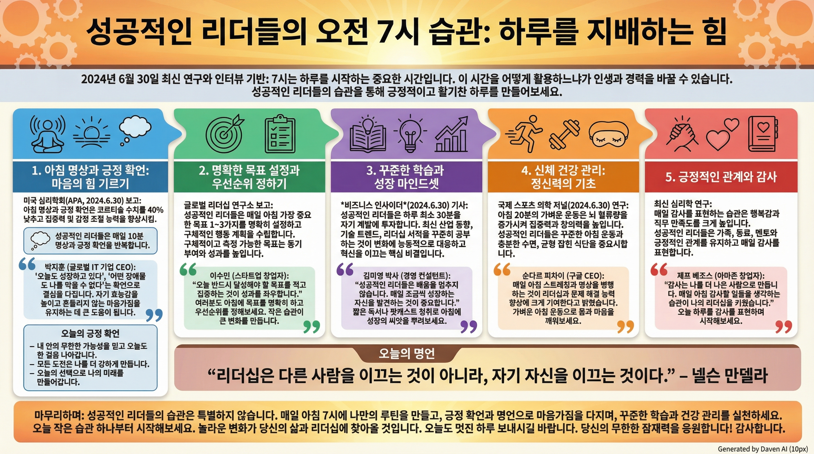 안녕하세요! 2024년 6월 30일 발표된 최신 연구와 인터뷰를 바탕으로 성공한 리더들의 아침 7시 습관에 대해 이야기합니다. 아침 7시는 하루 시작의 중요한 시간으로, 이 시간을 어떻게 활용하느냐에 따라 삶과 커리어가 달라집니다. 성공한 리더들의 습관을 통해 긍정적이고 동기부여 넘치는 하루를 만들어보세요.

---

# 성공한 리더들의 아침 7시 습관: 하루를 지배하는 힘

‘글로벌 리더십 연구소’(2024.6.30) 보고서에 따르면, 성공한 리더들은
