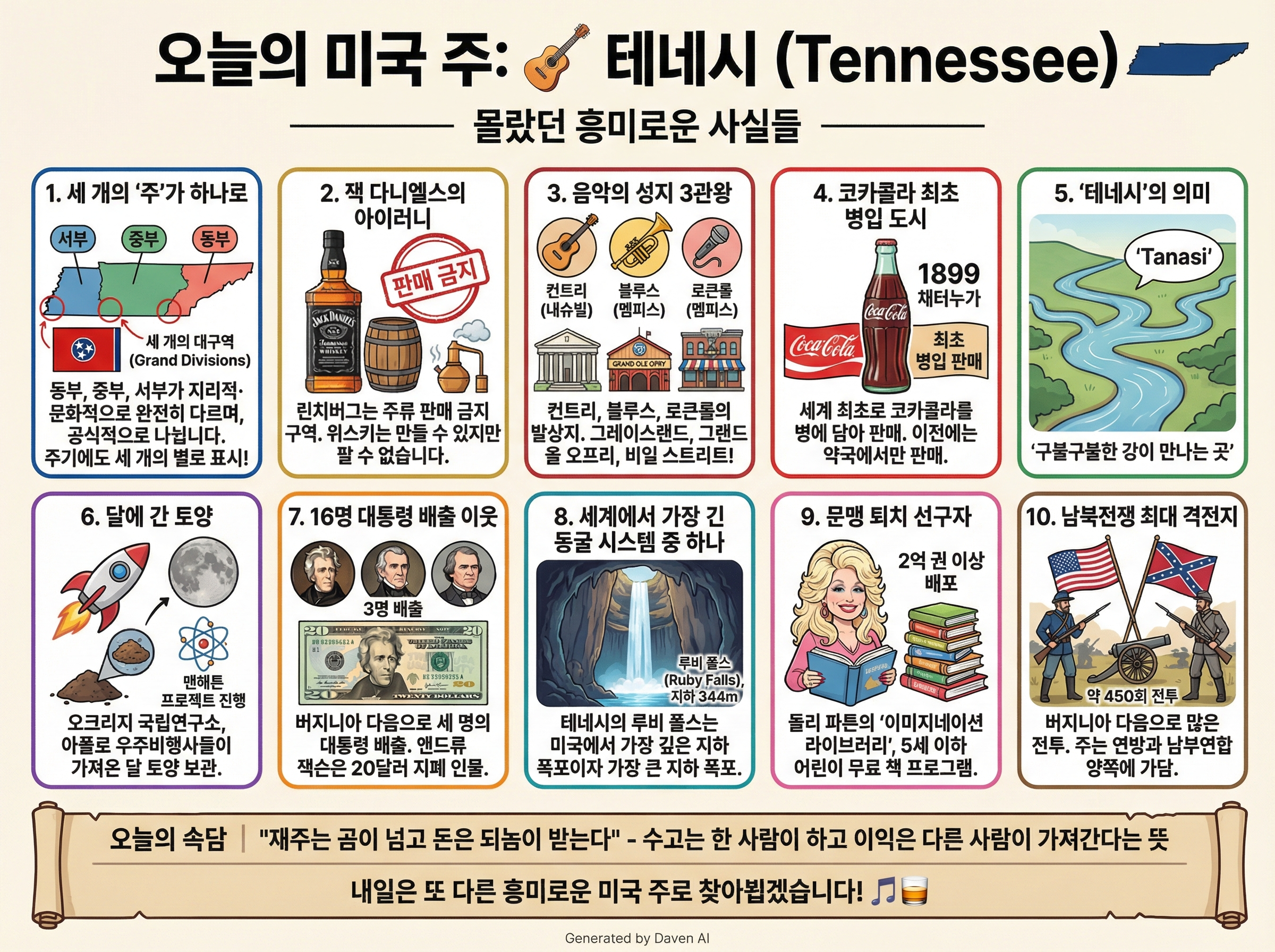 # 오늘의 미국 주: 🎸 테네시 (Tennessee)

## 몰랐던 흥미로운 사실들

1. **세 개의 ‘주’가 하나로**  
테네시는 동부, 중부, 서부가 지리적·문화적으로 완전히 다르며, 공식적으로 세 개의 대구역(Grand Divisions)으로 나뉩니다. 주기에도 세 개의 별로 표시되어 있습니다.

2. **잭 다니엘스의 아이러니**  
세계적 위스키 잭 다니엘스가 생산되는 린치버그는 주류 판매 금지 구역(dry county)으로, 위스키는 만들