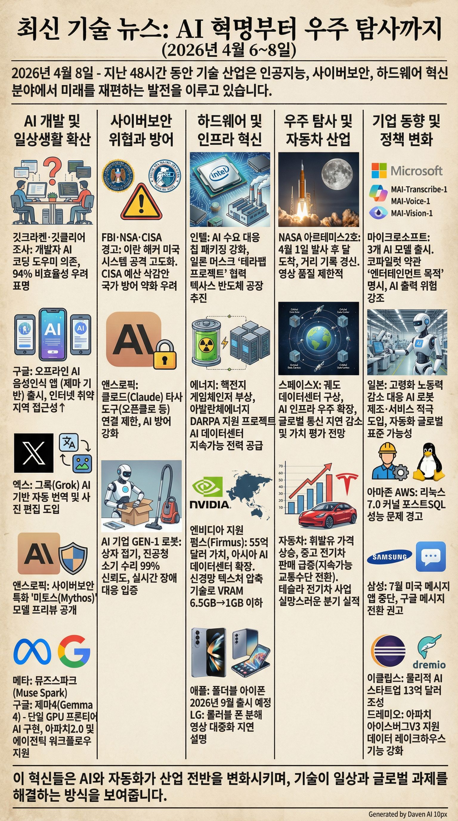# 최신 기술 뉴스: AI 혁명부터 우주 탐사까지 (2026년 4월 6~8일)

**2026년 4월 8일 - 지난 48시간 동안 기술 산업은 인공지능, 사이버보안, 하드웨어 혁신 분야에서 미래를 재편하는 발전을 이루고 있습니다.**

## AI 개발 및 일상생활 확산

깃크라켄과 깃클리어 설문조사에 따르면, 개발자들은 AI 코딩 도우미에 의존하지만 94%가 AI 확산에 따른 비효율성 우려를 표명했습니다.

구글은 제마(Gemma) 모델 기반 오프라인 A