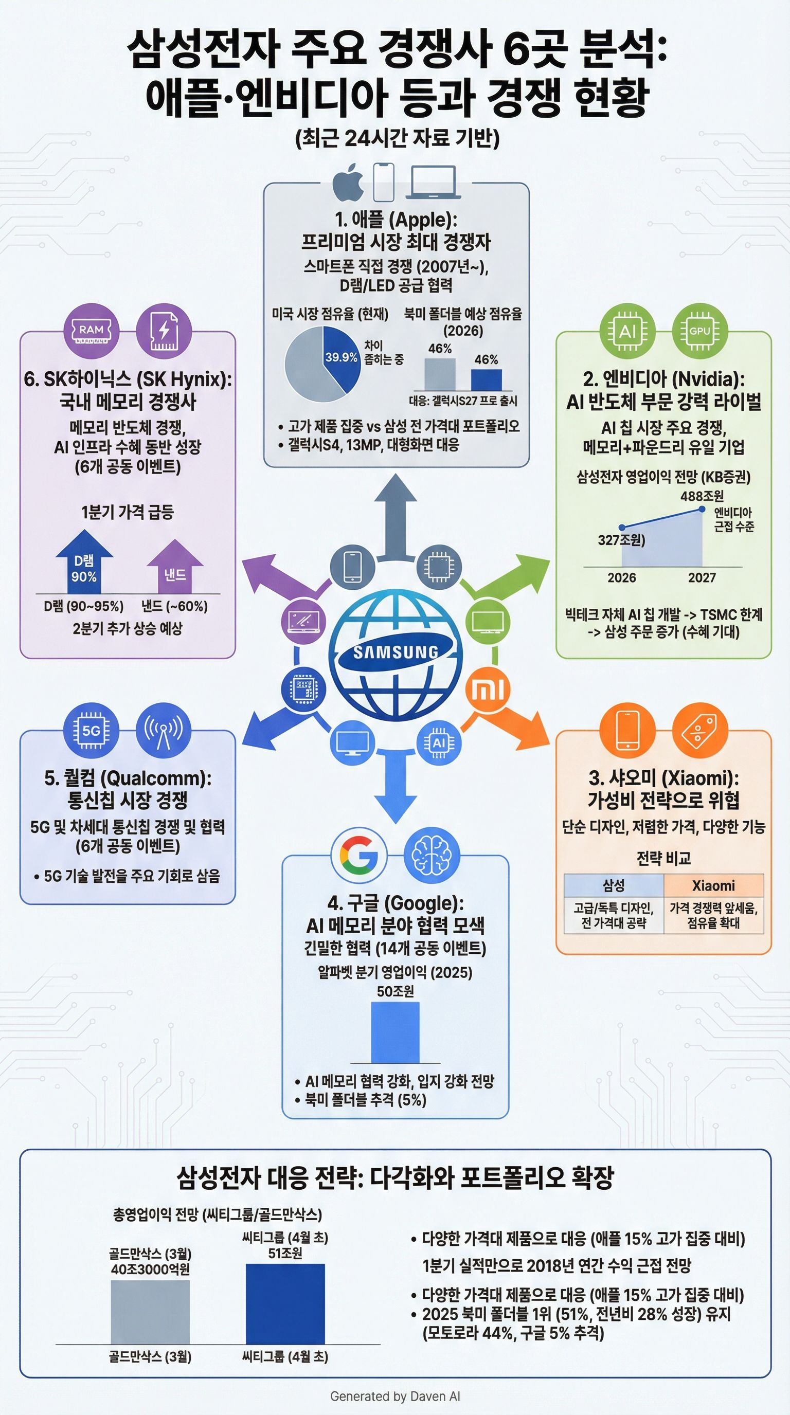 # 삼성전자 주요 경쟁사 6곳 분석: 애플·엔비디아 등과 경쟁 현황

삼성전자는 스마트폰부터 반도체까지 다양한 분야에서 글로벌 경쟁사들과 치열한 경쟁을 벌이고 있다. 최근 24시간 내 발표된 자료를 바탕으로 6대 주요 경쟁사와의 경쟁 전략과 시장 지위를 분석했다.

## 1. 애플: 프리미엄 시장 최대 경쟁자  
애플은 삼성전자의 가장 강력한 경쟁사로, 2007년 아이폰 출시 이후 스마트폰 시장에서 직접 경쟁 중이다. 삼성전자는 애플에 D램칩과 LED디