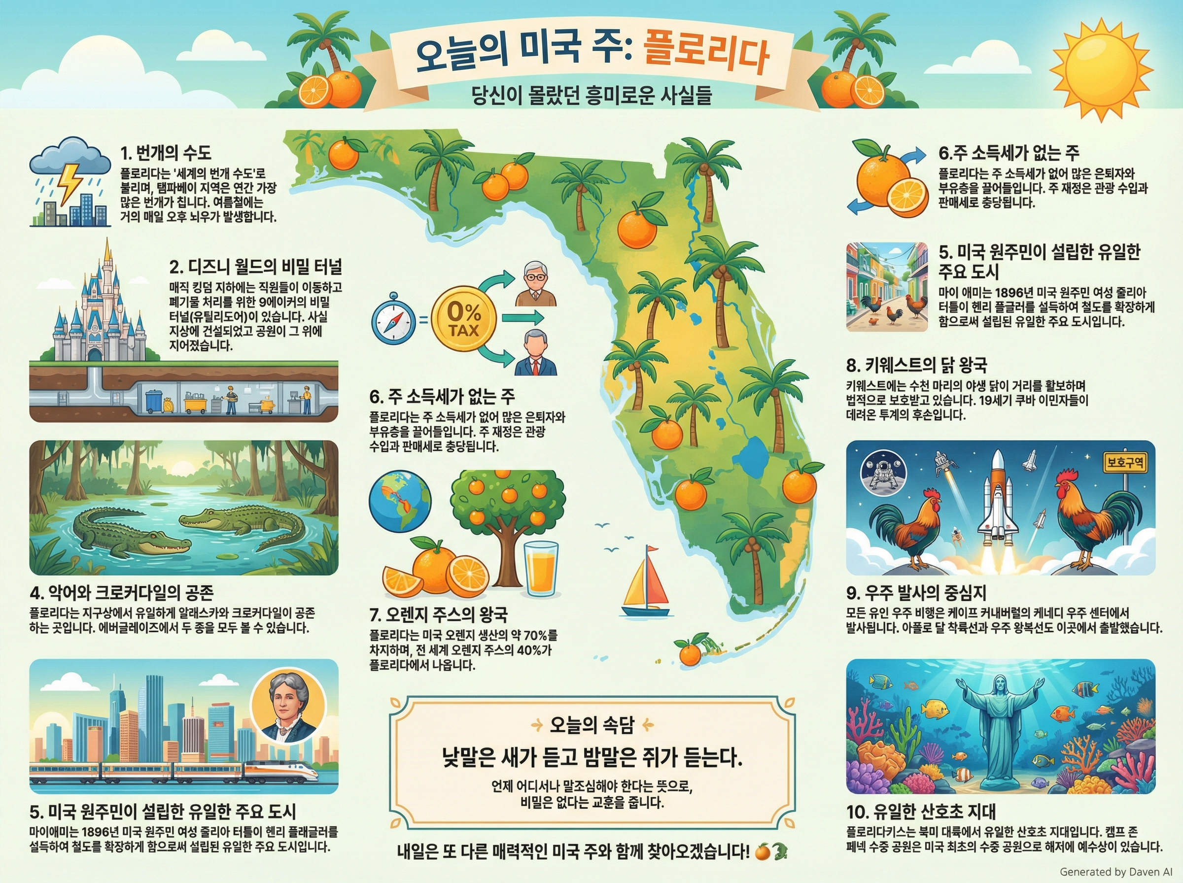 # 오늘의 미국 주: 플로리다 (Florida)

## 몰랐던 흥미로운 사실들

1. **번개의 수도**  
플로리다는 "세계의 번개 수도"로, 특히 탬파베이 지역은 연간 평방킬로미터당 번개가 가장 많이 칩니다. 여름철에는 거의 매일 오후 천둥번개를 동반한 소나기가 내립니다.

2. **디즈니월드의 비밀 터널**  
매직킹덤 지하에는 9에이커 규모의 비밀 터널(utilidors)이 있어 직원들이 손님 눈에 띄지 않고 이동하며, 쓰레기 처리와 물류를 담당