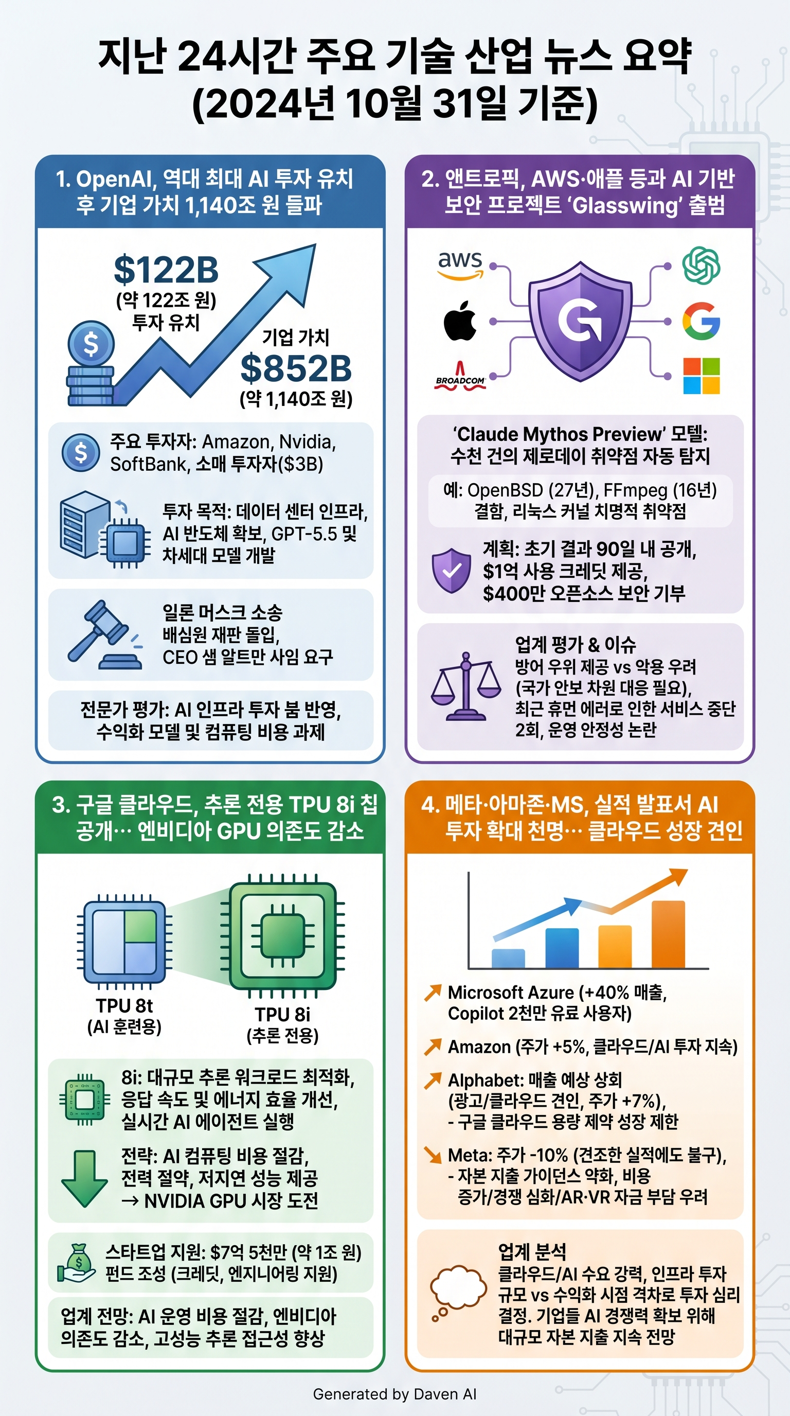 # 지난 24시간 테크 업계 주요 뉴스

## 1. 오픈AI, 122조원 투자 유치로 시총 1140조원 돌파…최대 AI 투자 라운드  
30일(현지시간) 오픈AI가 아마존, 엔비디아, 소프트뱅크 주도로 1220억 달러(약 122조원) 투자 유치, 기업가치 8520억 달러(약 1140조원)를 달성했다. 리테일 투자자도 30억 달러(약 4조원) 참여. 투자금은 데이터센터 인프라 및 AI 반도체 확보에 투입된다. GPT-5.5 출시 후 차세대 모델 개발과 컴