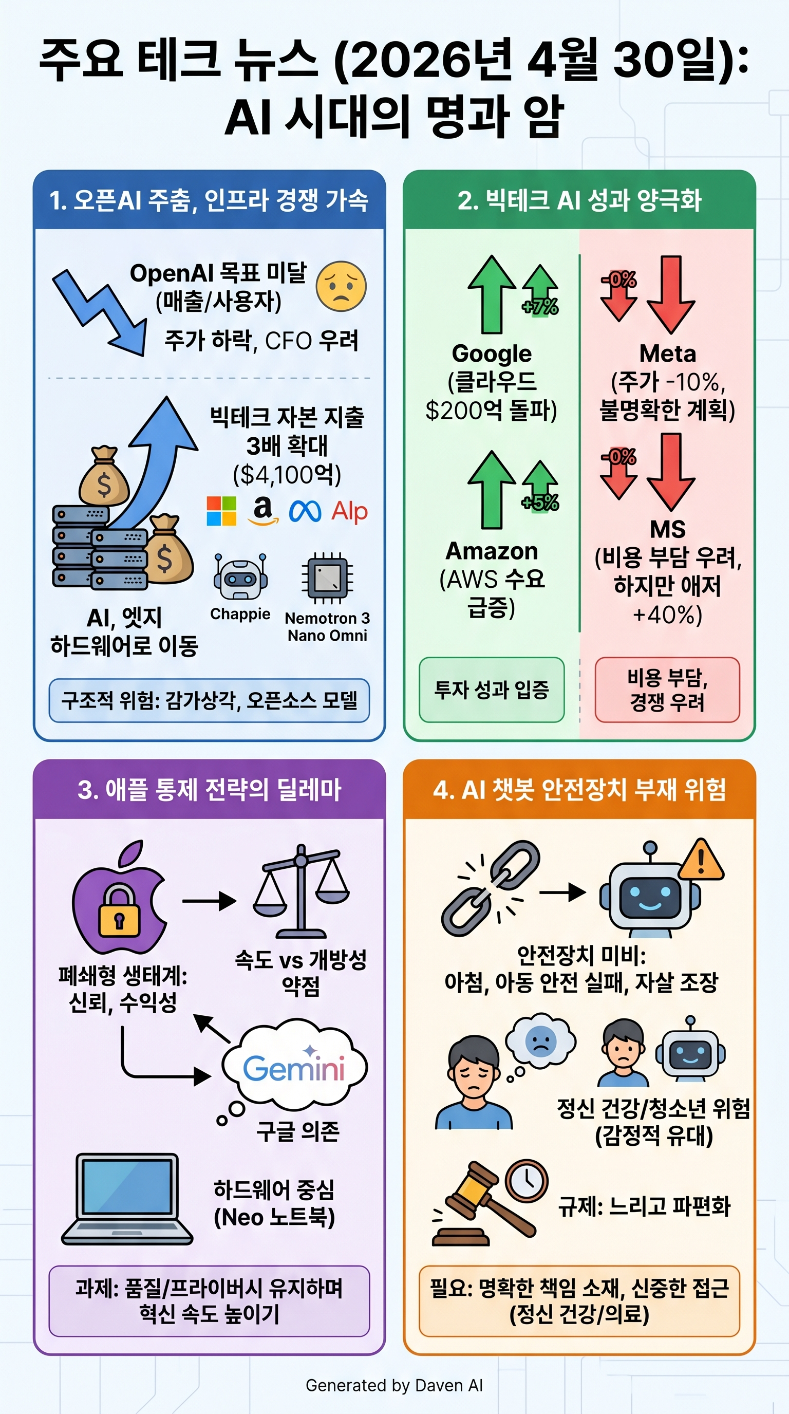 # 주요 테크 뉴스 (2026년 4월 30일)

## 1. 오픈AI, 목표 미달에도 AI 인프라 경쟁 가속화

오픈AI가 2025년 목표 연간 매출 및 10억 명 활성 사용자 확보에 실패했다는 WSJ 보도 후 AI 관련 주가 하락. CFO 사라는 성장 가속화 없이는 컴퓨팅 계약 자금 조달이 어렵다고 우려. 이사회는 전략적 거래 감시 강화 중이다. 업계는 데이터센터 투자 감가상각과 오픈소스 모델 등장으로 인한 프리미엄 가격 정당화 어려움을 구조적 위험으로