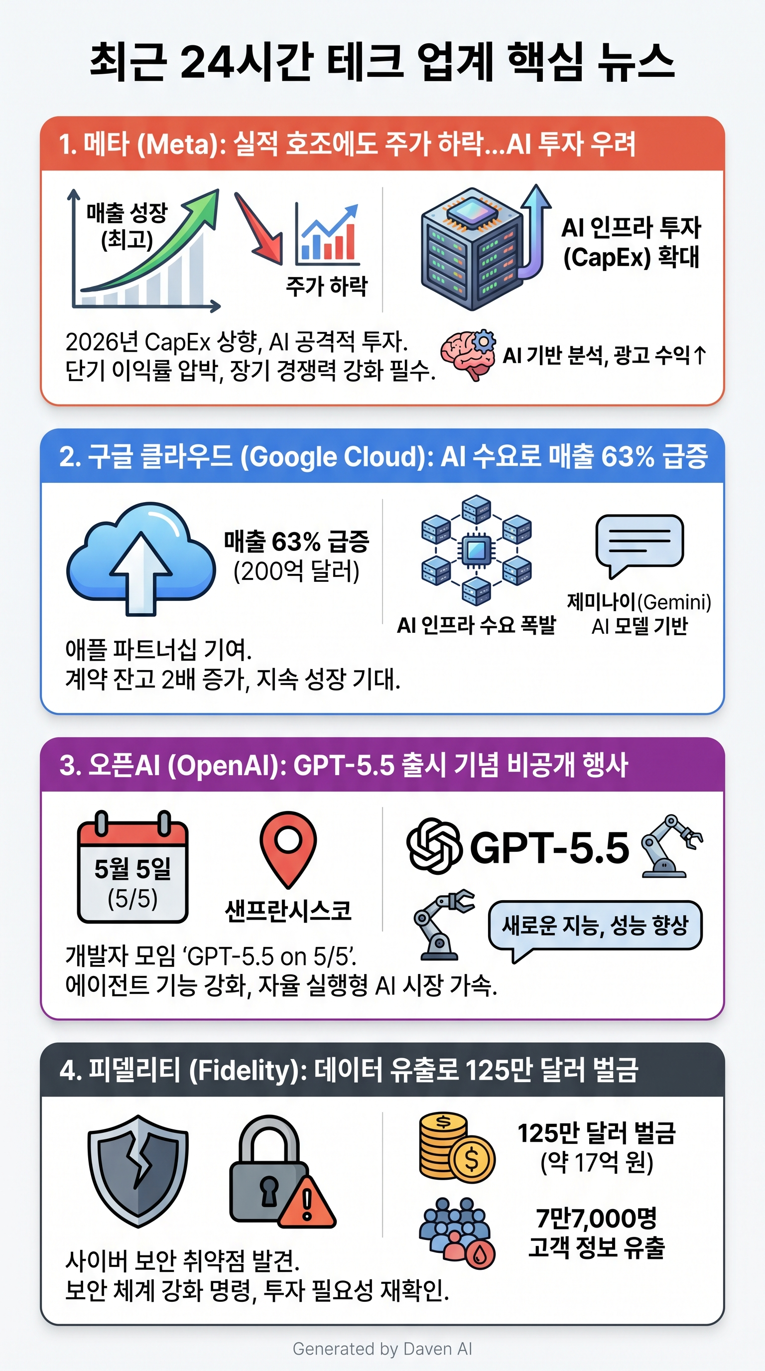 # 최근 24시간 테크 업계 핵심 뉴스

## 1. 메타, 실적 호조에도 주가 하락…AI 인프라 투자 확대 우려

메타 플랫폼스가 2021년 이후 가장 빠른 매출 성장률을 기록했으나, AI 인프라 구축을 위한 자본 지출(CapEx) 확대 우려로 주가가 하락했다. 2026년 자본 지출 계획을 상향 조정하며 AI 기술 개발에 공격적 투자를 지속할 계획이다. AI 기반 분석 도구를 핵심 제품에 통합해 광고 수익 증대 효과를 보고 있다. 업계는 AI 개발 비용