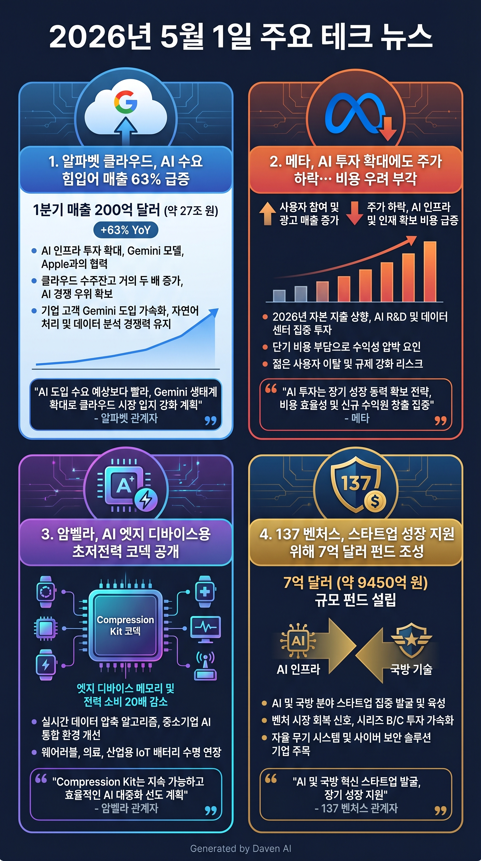 # 테크 분야 주요 뉴스 (2026년 5월 1일 기준)

## 1. 알파벳, AI 수요에 클라우드 매출 63% 급증

알파벳(Alphabet)은 1분기 클라우드 매출이 전년 대비 63% 증가한 200억 달러(약 27조 원)를 기록하며 시장 기대를 뛰어넘었다. 이는 AI 인프라 투자 확대와 제미나이(Gemini) 모델, 애플과의 전략적 협력 덕분이다. 전체 매출도 예상치를 상회했고, 클라우드 백로그는 거의 두 배로 늘었다. 업계는 알파벳이 마이크로소프트,