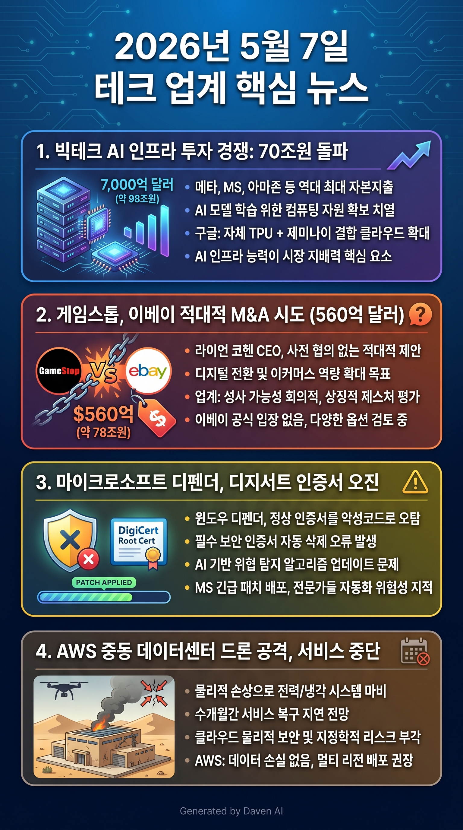 # 테크 업계 핵심 뉴스 (2026년 5월 7일 기준)

## 1. 빅테크 AI 인프라 투자 70조원 돌파…컴퓨팅 자원 확보 경쟁 본격화  
메타, 마이크로소프트, 아마존 등 주요 빅테크 기업의 올해 AI 인프라 자본지출이 7000억 달러(약 98조원)를 넘어 역대 최고치를 기록했다. AI 모델 학습과 서비스 운영에 필수적인 컴퓨팅 자원 확보 경쟁이 심화되고 있다.  
오픈AI, 앤트로픽 등 AI 기업들은 컴퓨팅 파워 확보에 어려움을 겪고 있으며, 구글